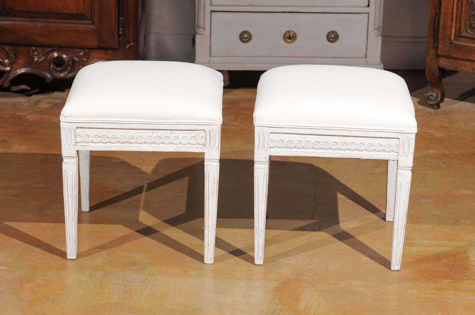 Pair of Swedish Neoclassical Style 1840s Painted Wood Stools with Guilloche 2