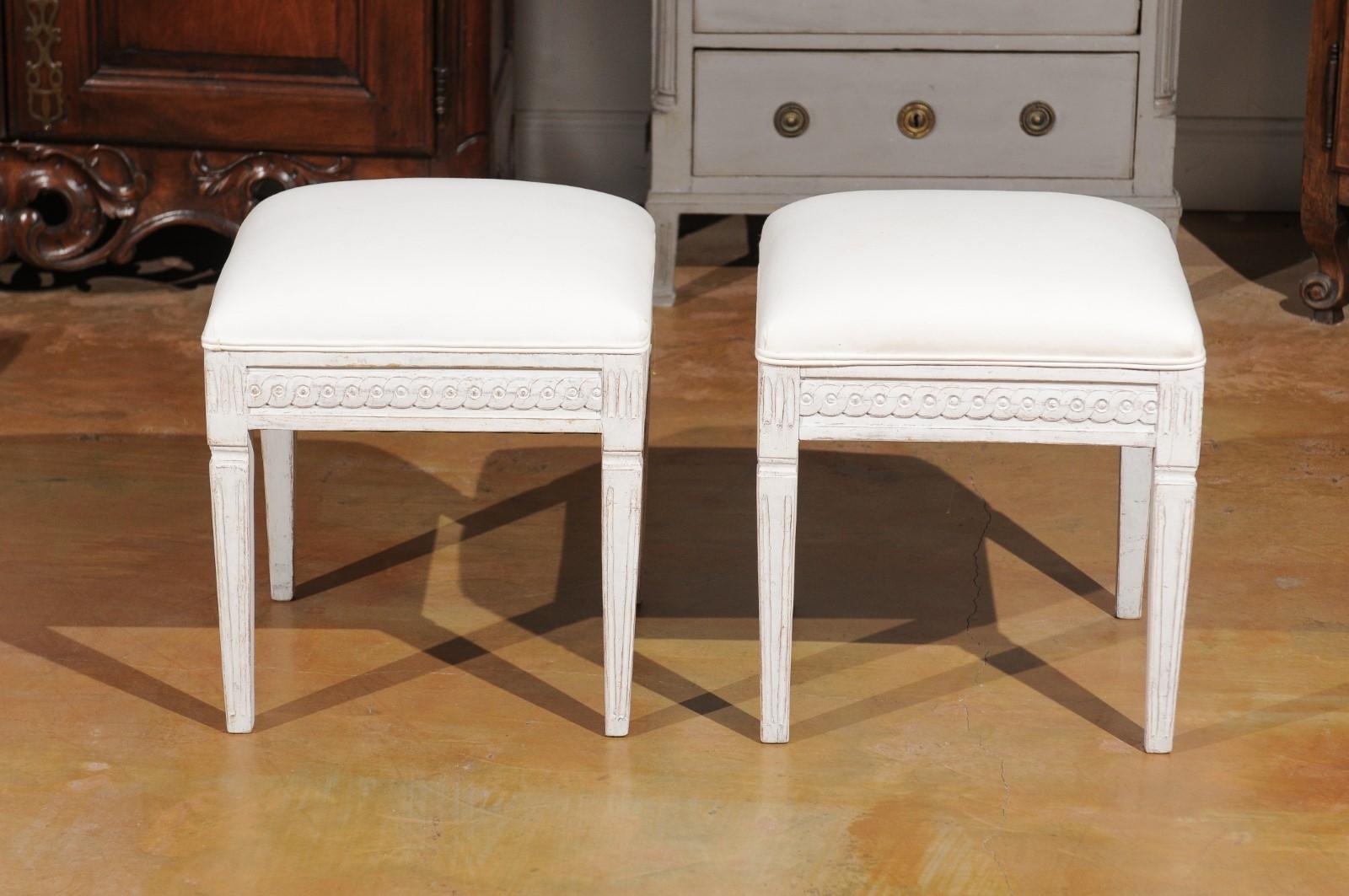 Pair of Swedish Neoclassical Style 1840s Painted Wood Stools with Guilloche 3