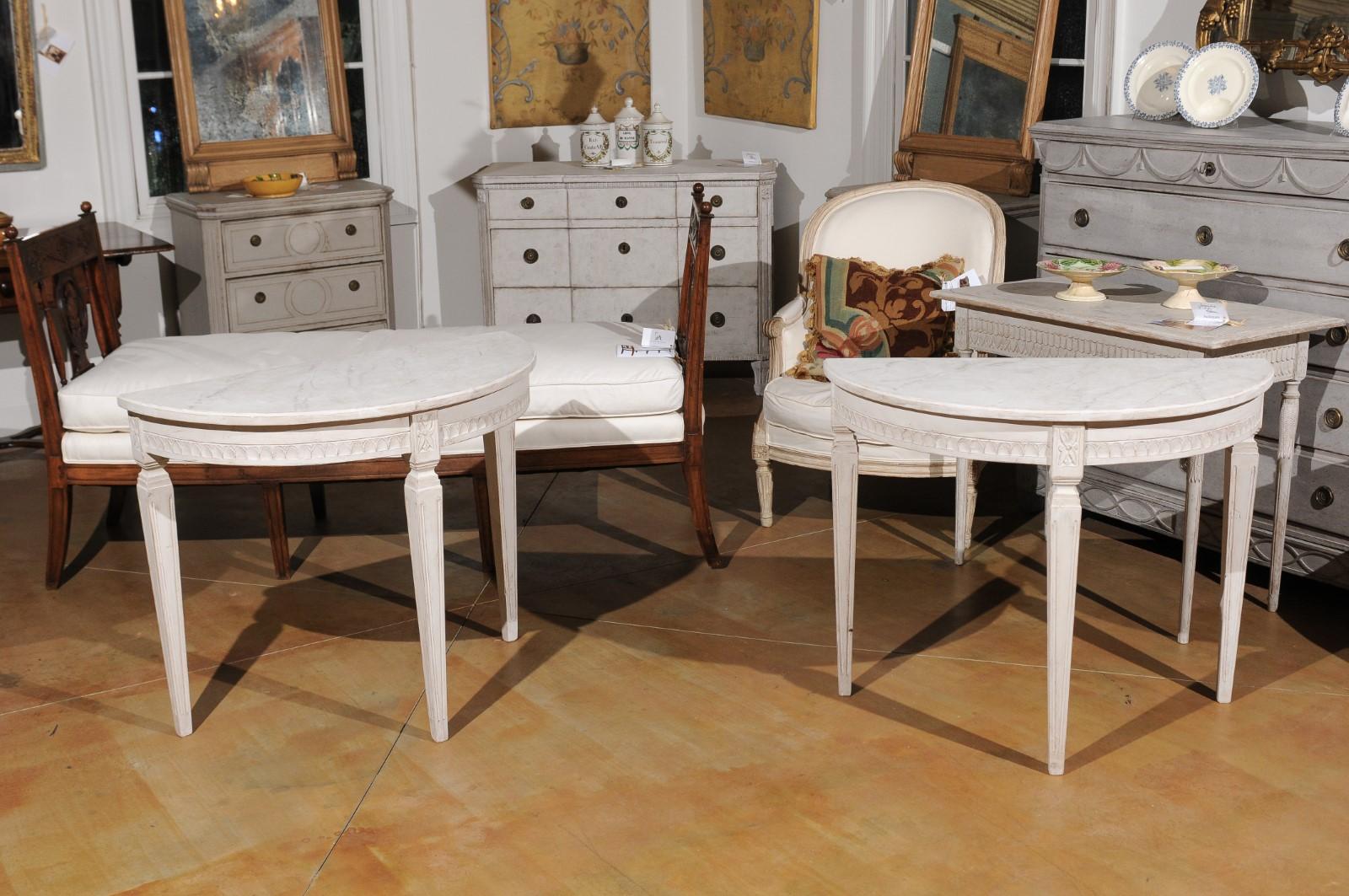 Pair of Swedish Neoclassical Style 1880s Painted Demilunes with Marbleized Tops In Good Condition In Atlanta, GA