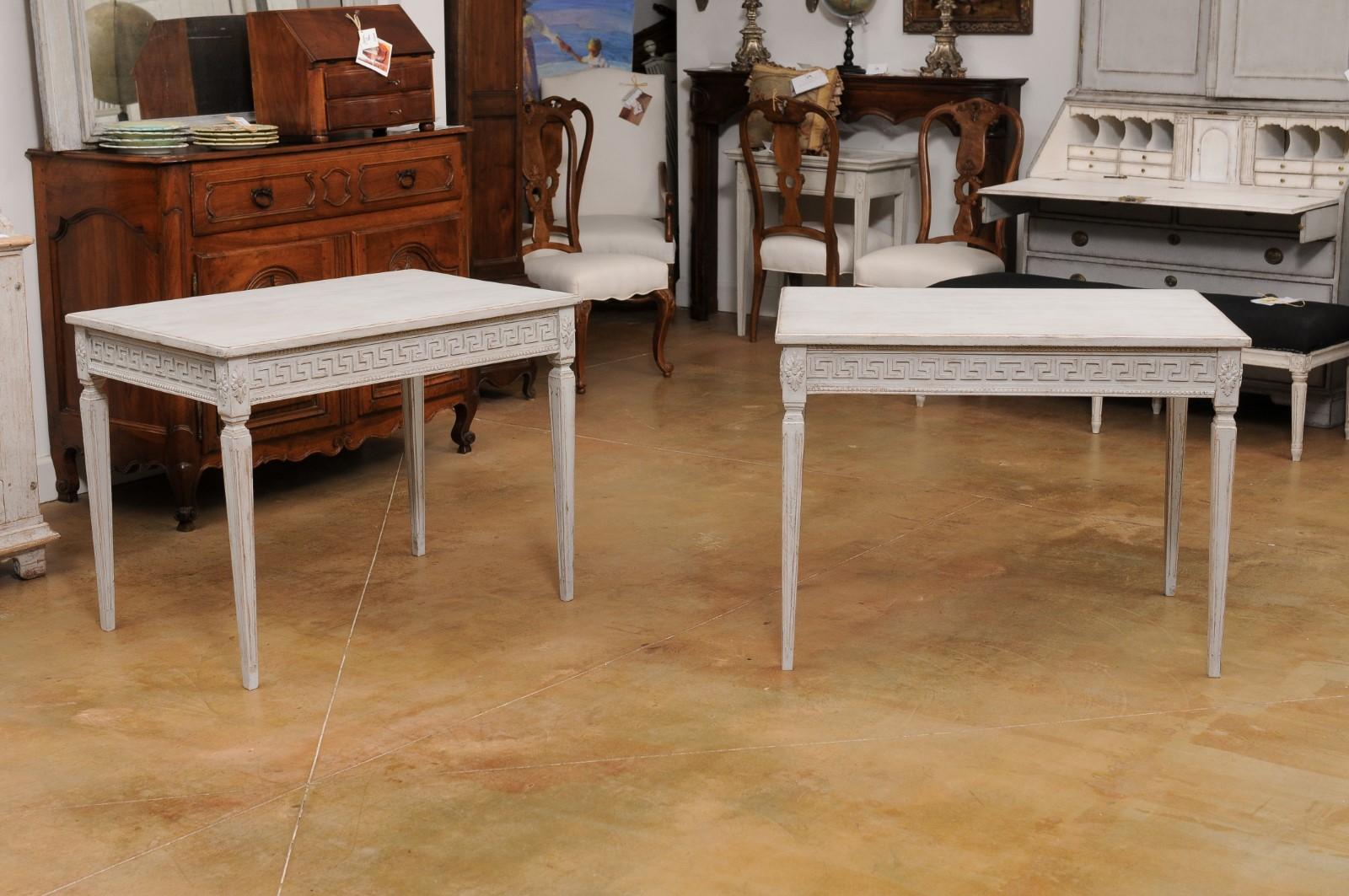 Carved Pair of Swedish Neoclassical Style 1880s Painted Tables with Greek Key Friezes For Sale