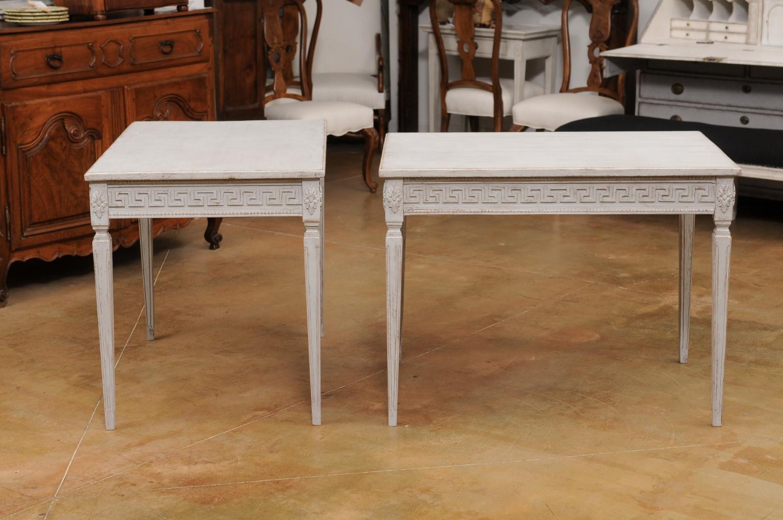 19th Century Pair of Swedish Neoclassical Style 1880s Painted Tables with Greek Key Friezes For Sale