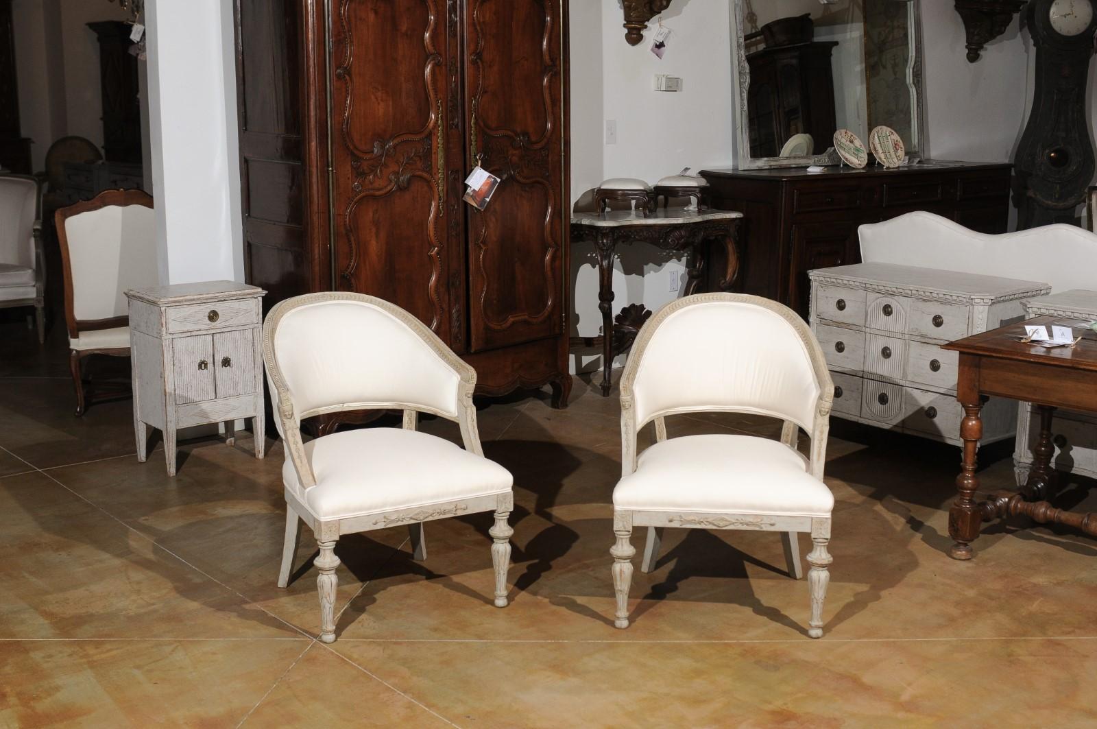 Painted Pair of Swedish Neoclassical Style 19th Century Barrel-Back Upholstered Chairs