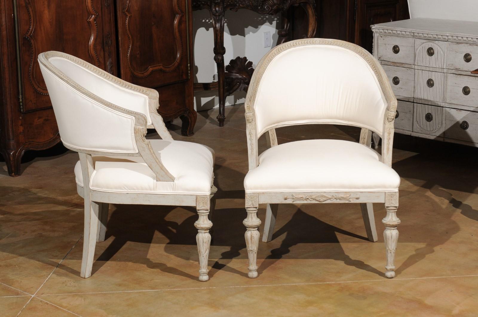 Pair of Swedish Neoclassical Style 19th Century Barrel-Back Upholstered Chairs In Good Condition In Atlanta, GA