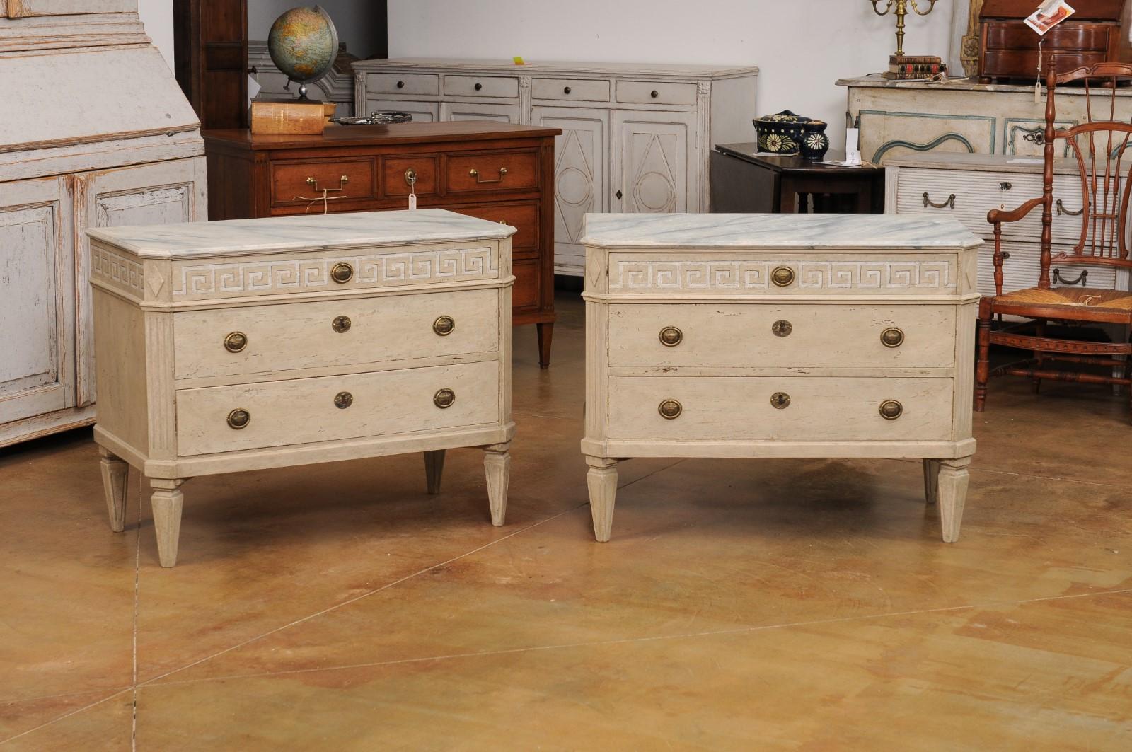 Carved Pair of Swedish Neoclassical Style 19th Century Chests with Painted Greek Keys For Sale