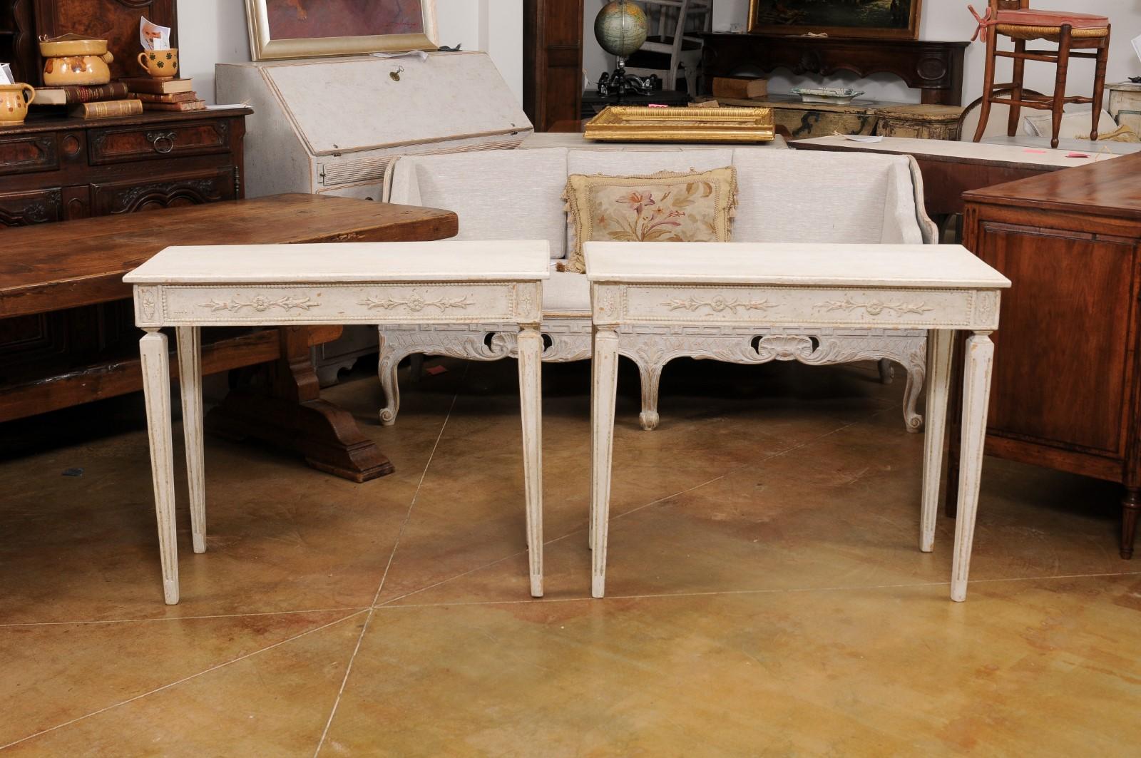 Pair of Swedish Neoclassical Style Painted Console Tables with Carved Aprons For Sale 8