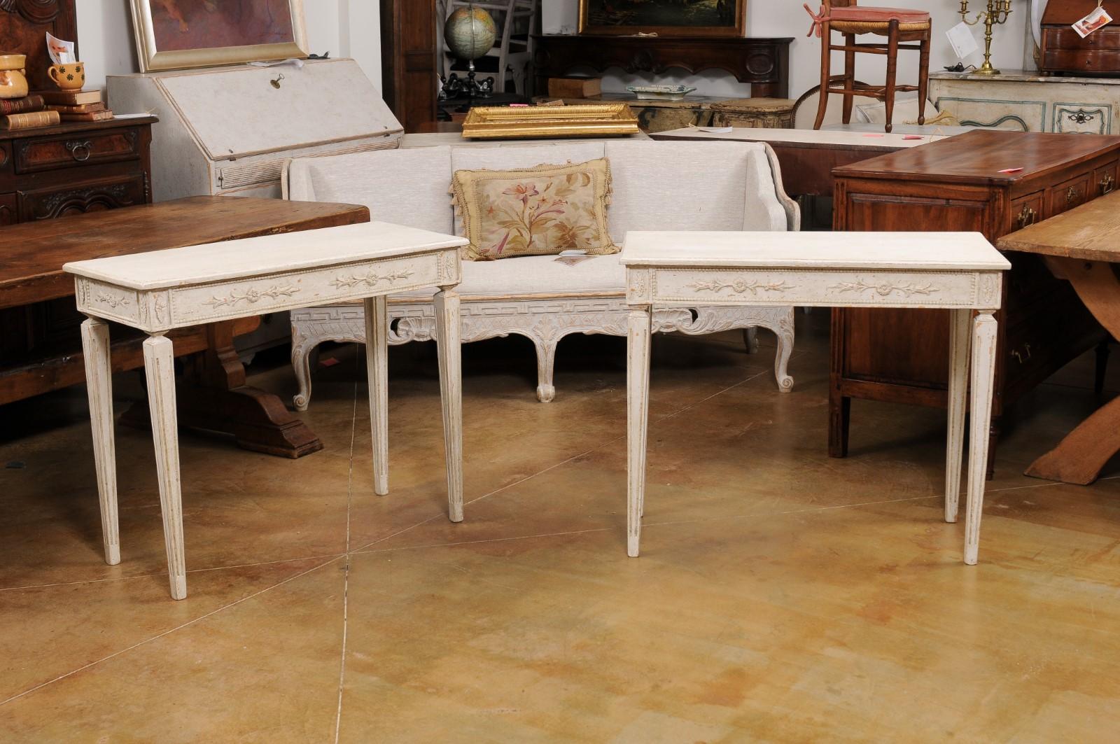 Pair of Swedish Neoclassical Style Painted Console Tables with Carved Aprons In Good Condition For Sale In Atlanta, GA