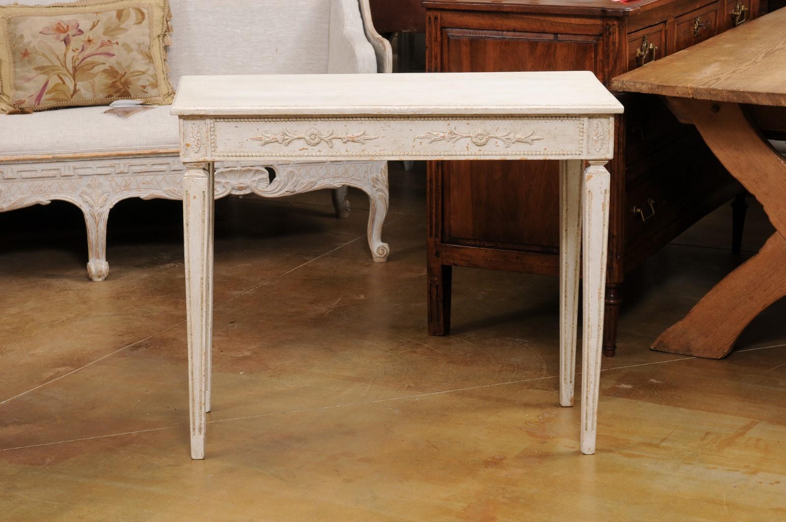Wood Pair of Swedish Neoclassical Style Painted Console Tables with Carved Aprons For Sale