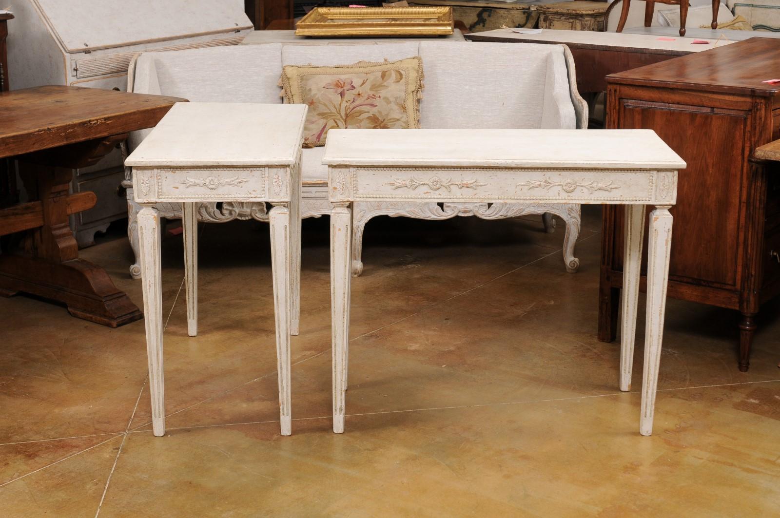 Pair of Swedish Neoclassical Style Painted Console Tables with Carved Aprons For Sale 1
