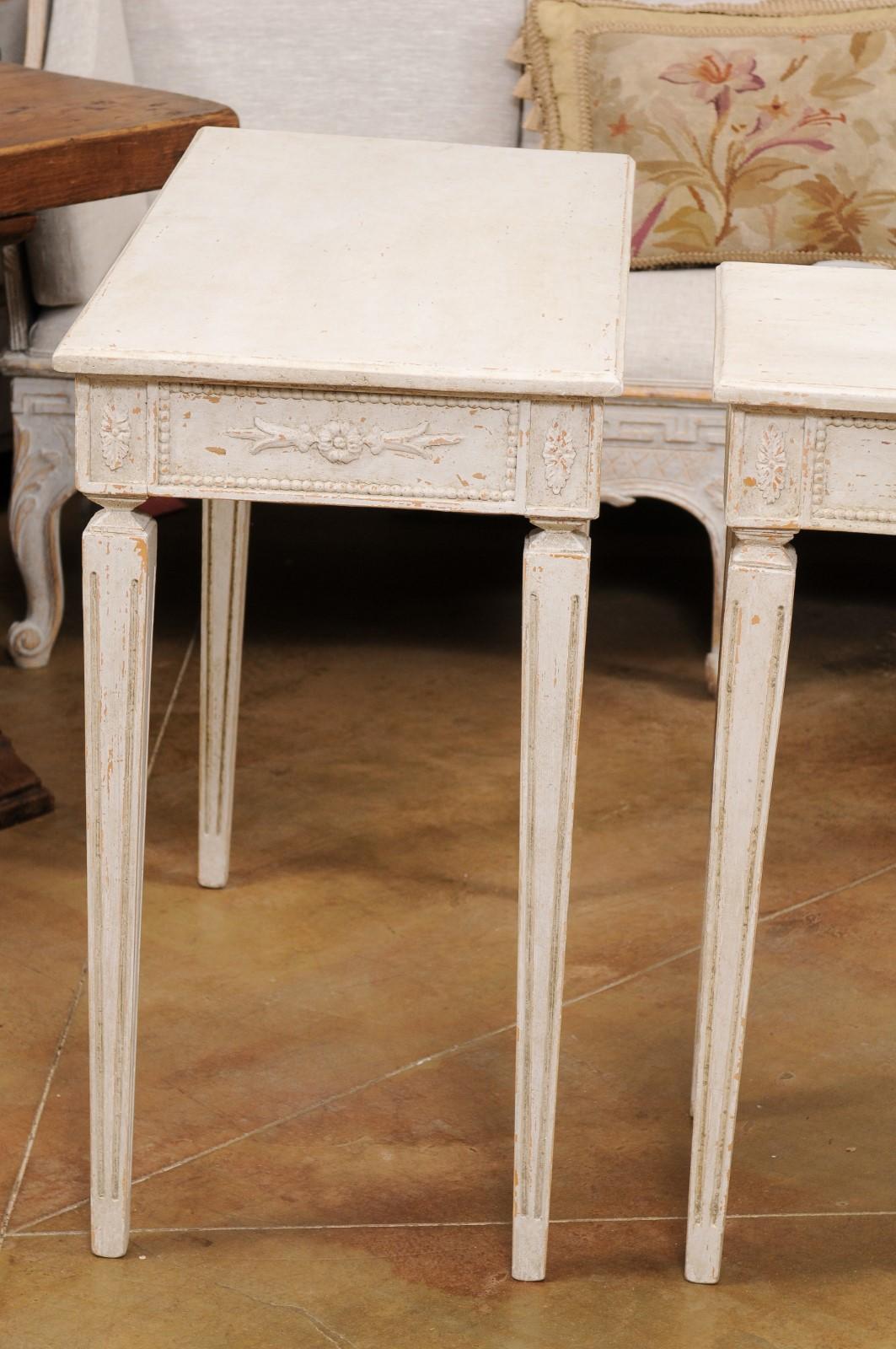 Pair of Swedish Neoclassical Style Painted Console Tables with Carved Aprons For Sale 2