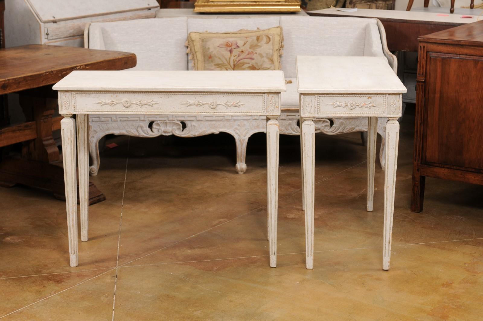 Pair of Swedish Neoclassical Style Painted Console Tables with Carved Aprons For Sale 4