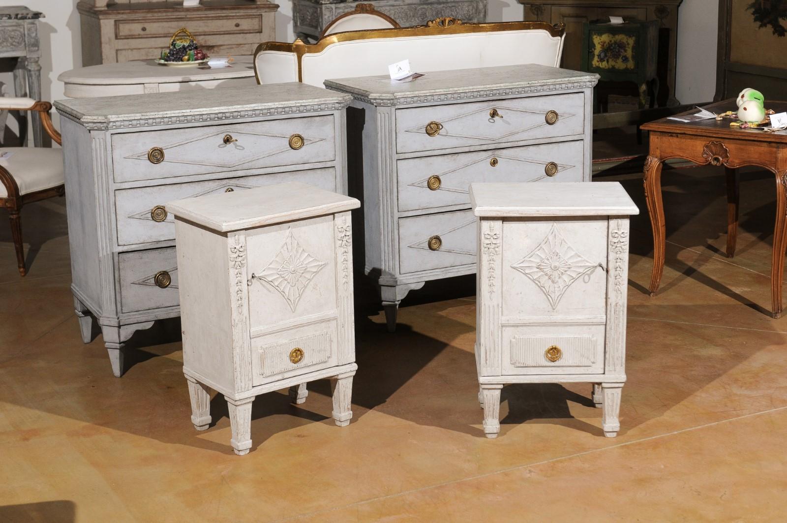 Carved Pair of Swedish Neoclassical Style Painted Nightstand Cabinets with Single Door
