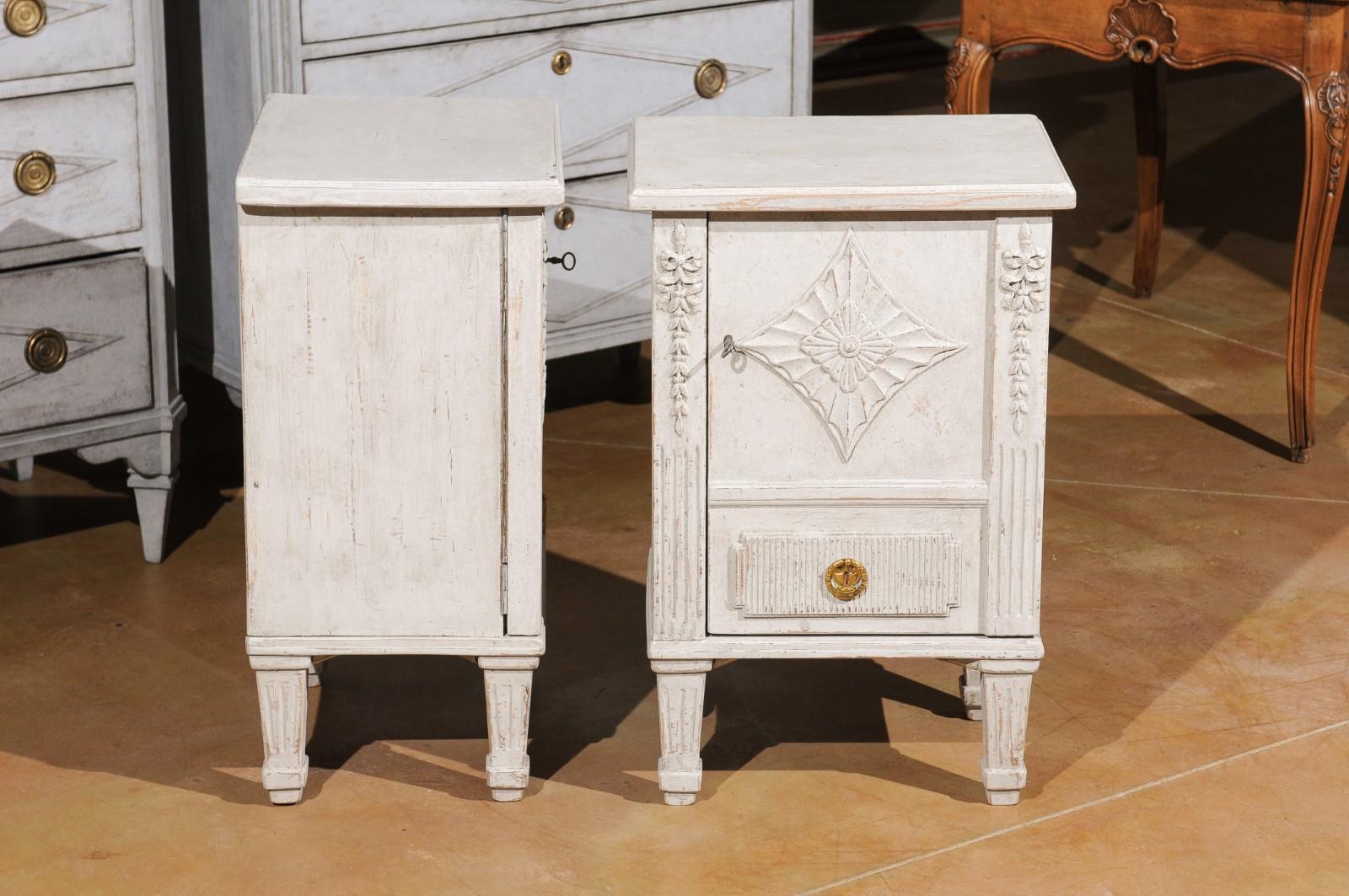 Wood Pair of Swedish Neoclassical Style Painted Nightstand Cabinets with Single Door