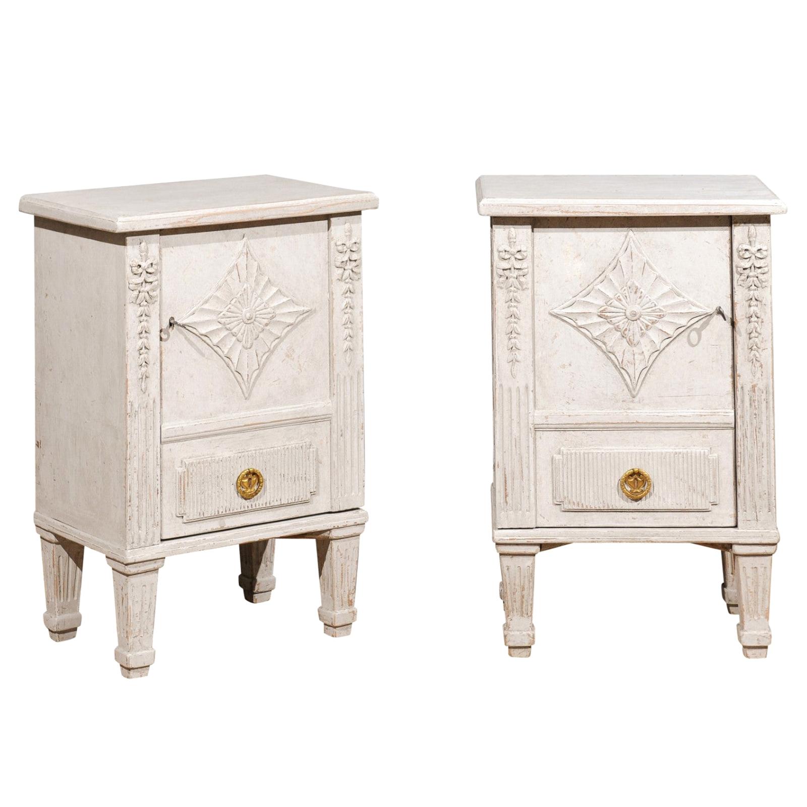 Pair of Swedish Neoclassical Style Painted Nightstand Cabinets with Single Door