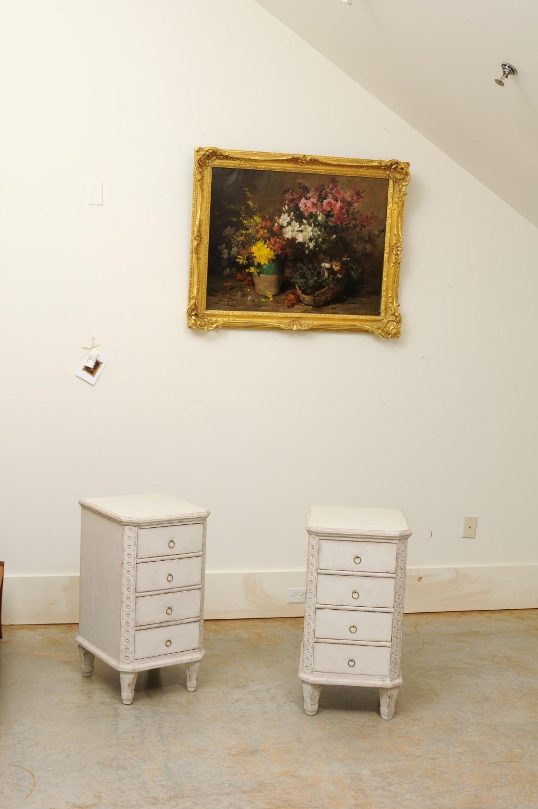 Pair of Swedish Neoclassical Style Painted Nightstand Tables with Guilloches In Good Condition In Atlanta, GA