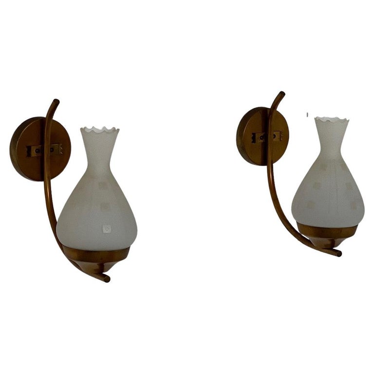 Pair of Swedish Opaline Glass and Brass Wall Lights For Sale at 1stDibs