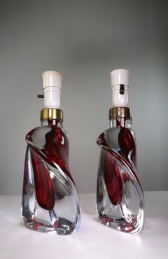 Swedish Orrefors Red, Clear Mouthblown Midcentury Art Glass Table Lamps, 1960s