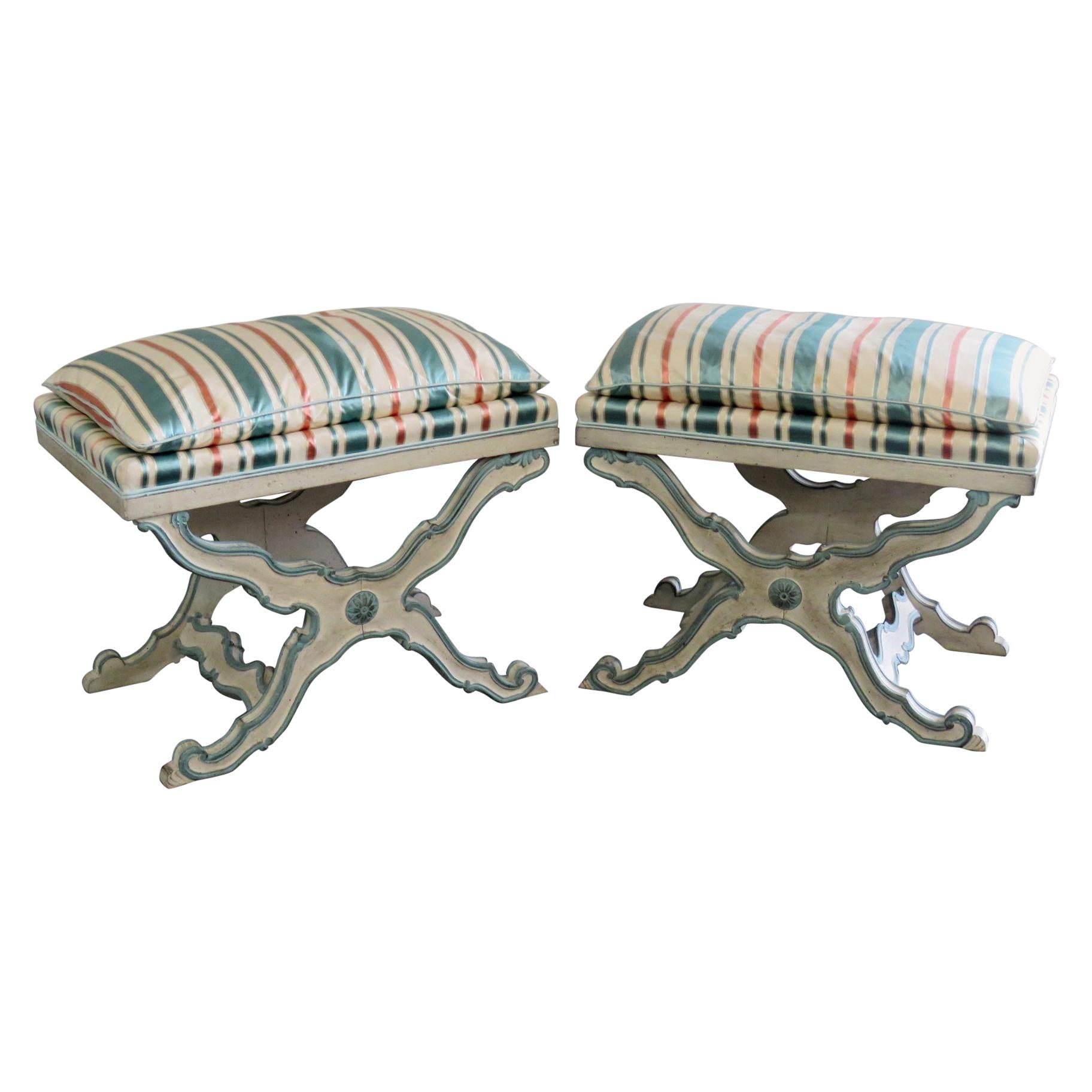 Pair of Swedish Paint Decorated X Benches