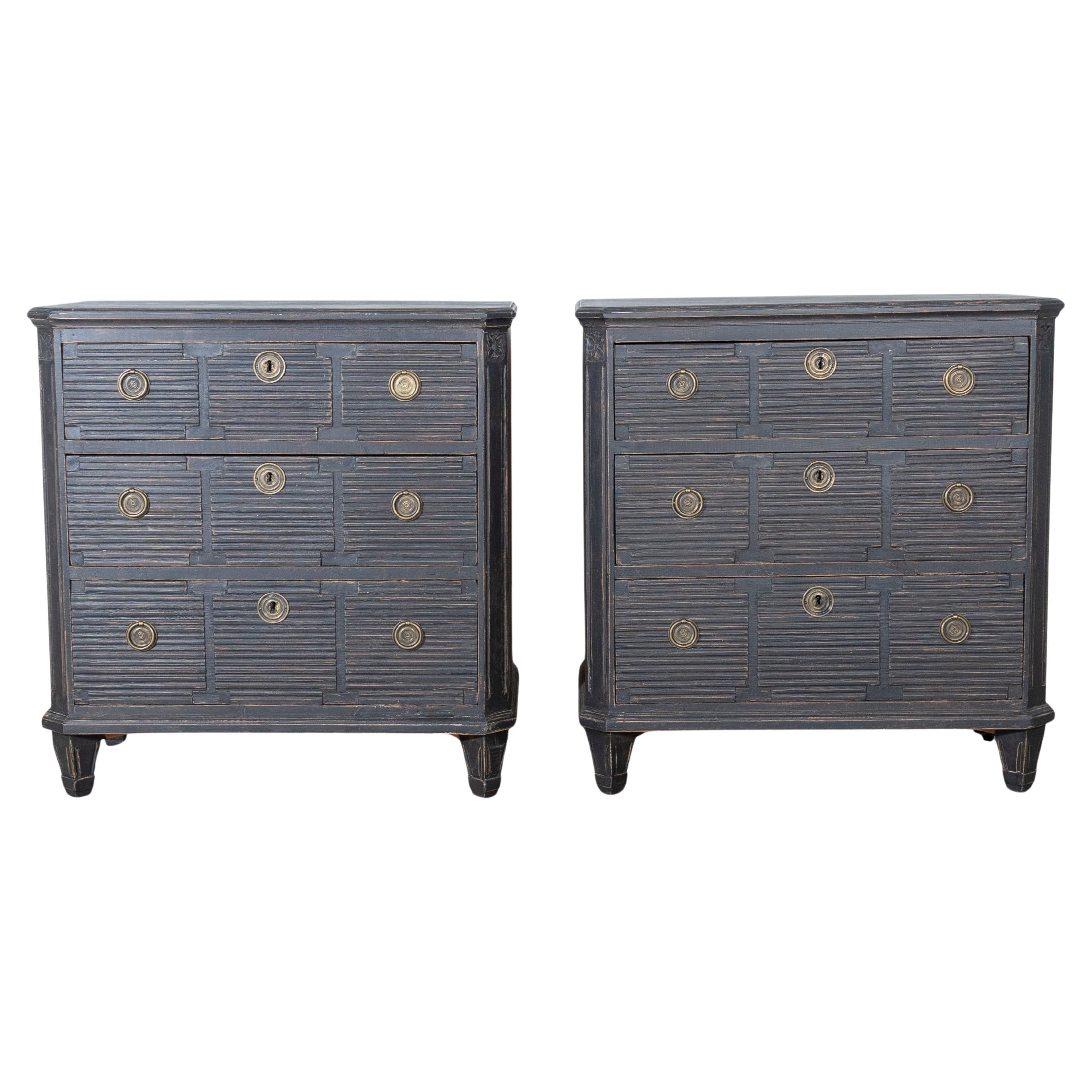 Pair of Swedish Painted Chests with Fluted Drawers and Brass Hardware For Sale