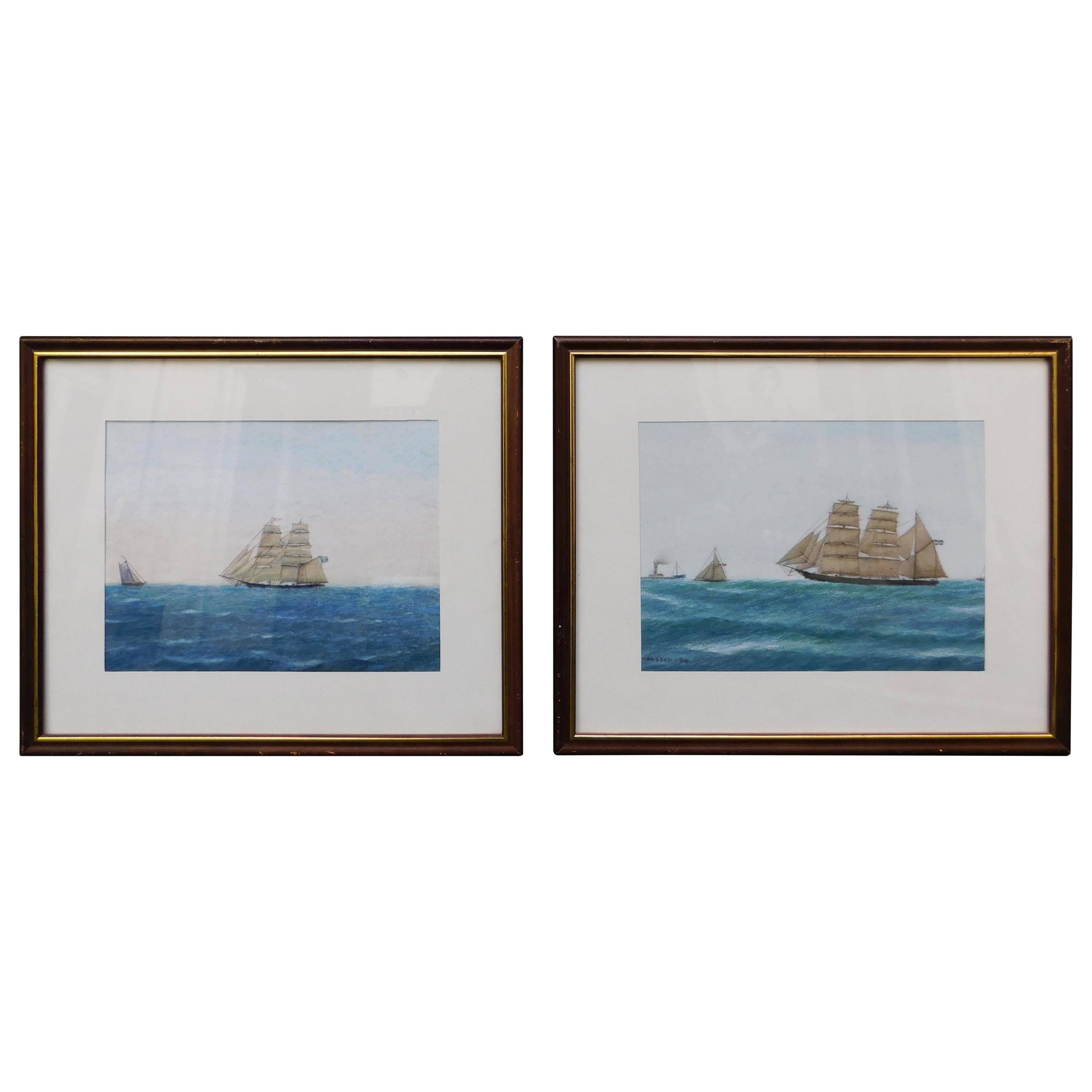 Pair of Swedish Paintings of Ships at Sea For Sale