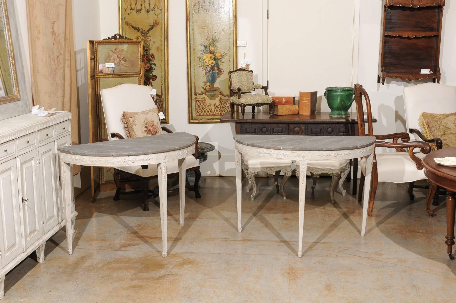 Pair of Swedish Period Neoclassical Painted Demilune Console Tables, circa 1810 In Good Condition In Atlanta, GA
