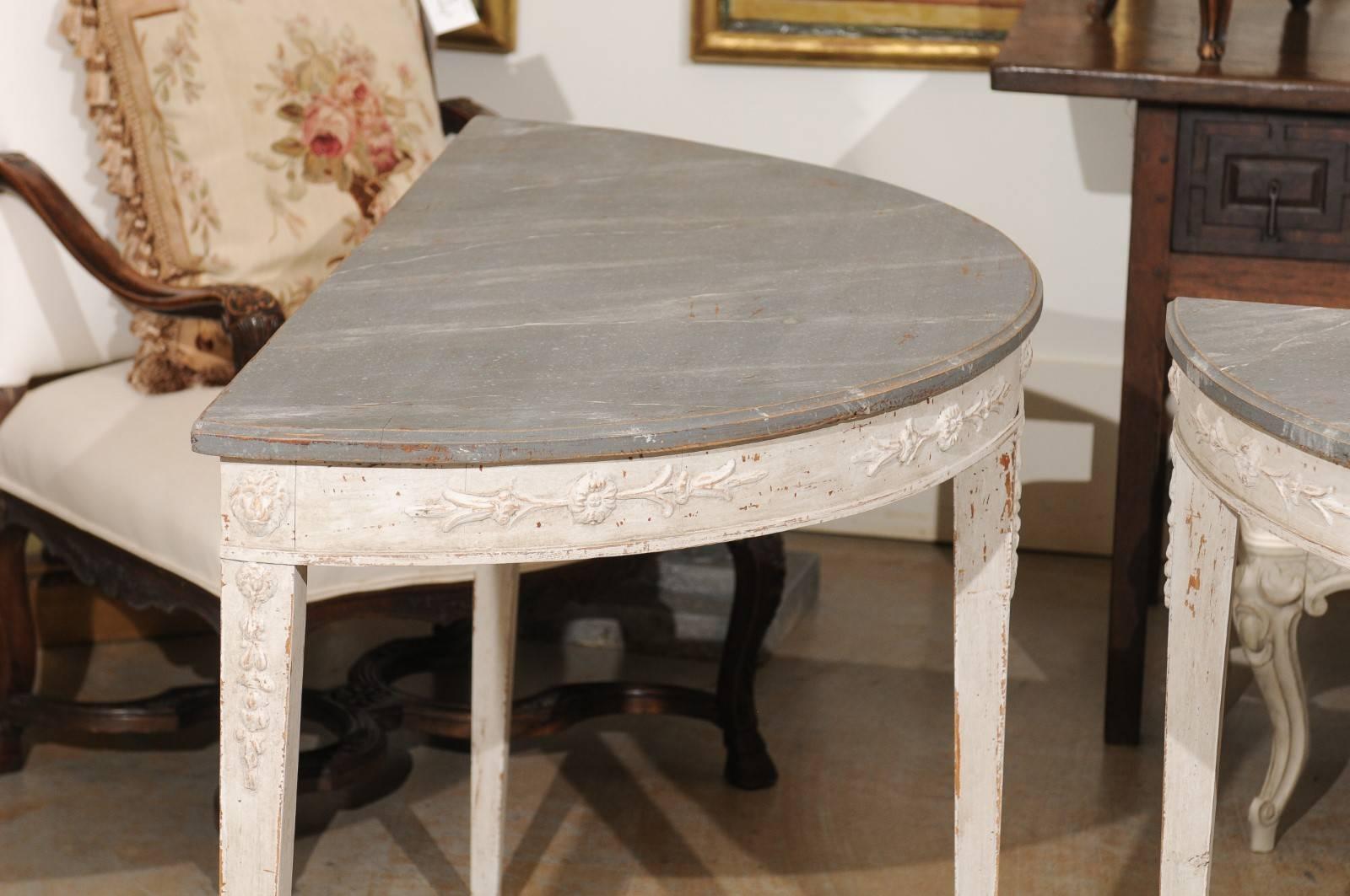 Pair of Swedish Period Neoclassical Painted Demilune Console Tables, circa 1810 1