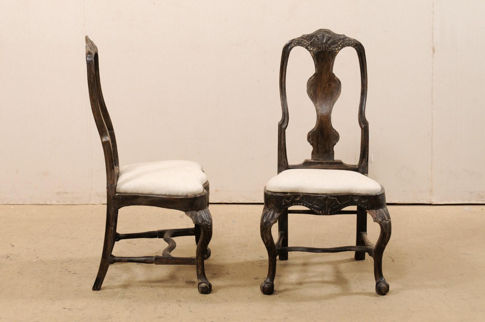 Upholstery Pair of Swedish Period Rococo Carved-Wood Side Chairs, 18th Century For Sale
