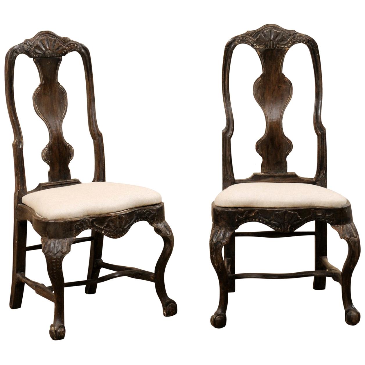 Pair of Swedish Period Rococo Carved-Wood Side Chairs, 18th Century
