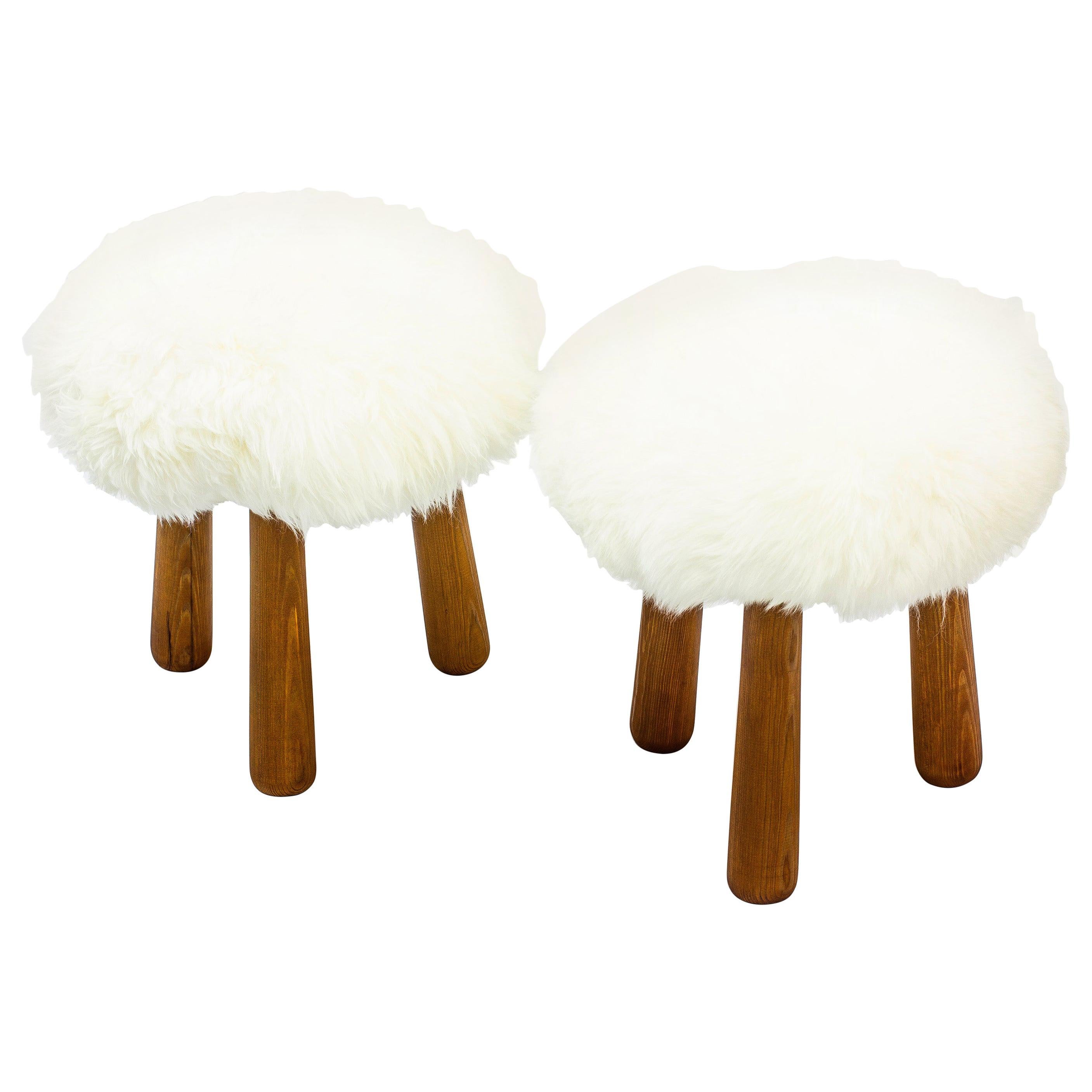 Pair of Swedish Pine and Sheepskin Stools, "Sportstugemöbel" Style, Sweden