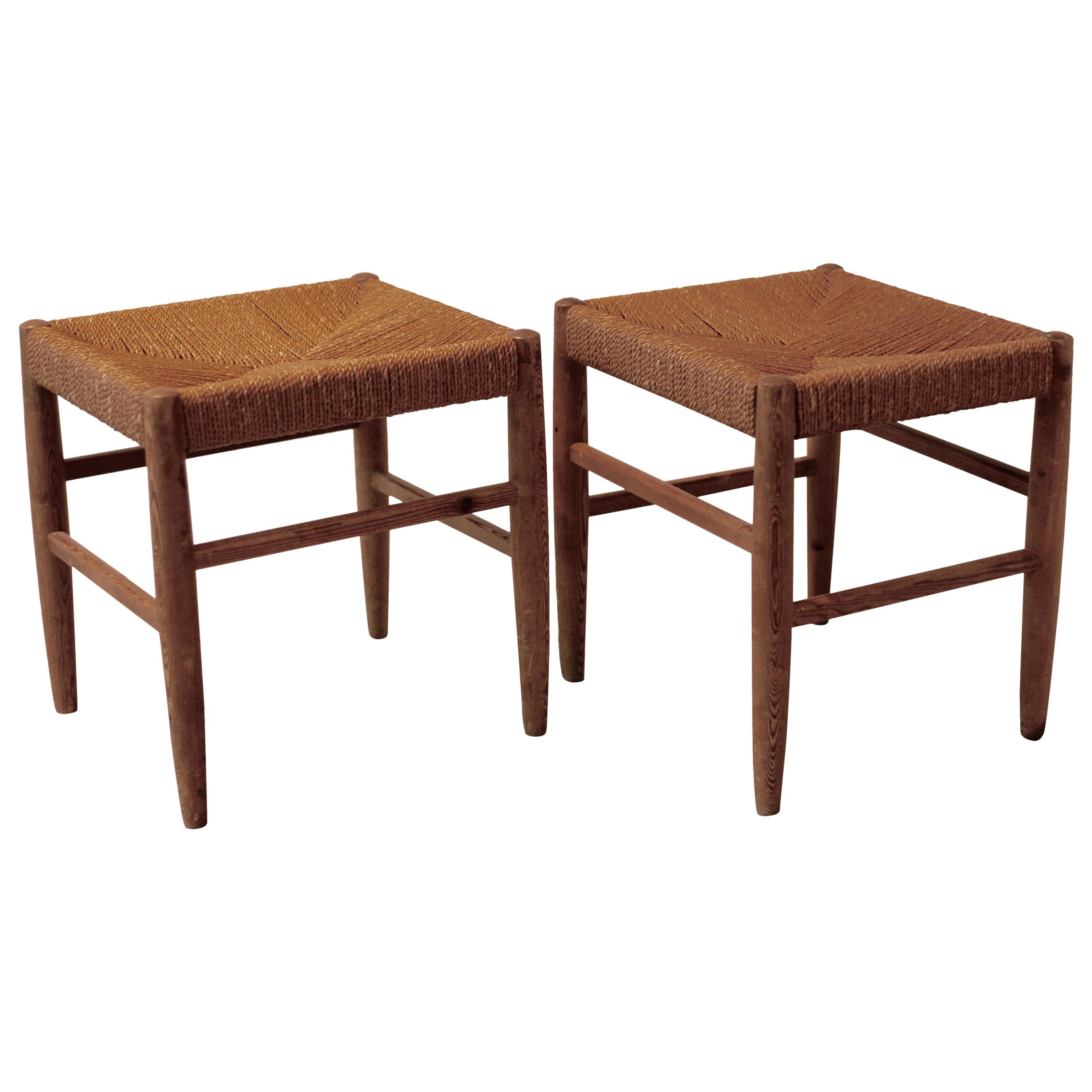 Pair of Swedish Pine Stools with Rush Seats of Spun Papercord, Midcentury For Sale