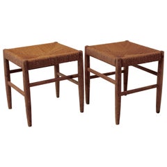 Pair of Swedish Pine Stools with Rush Seats of Spun Papercord, Midcentury