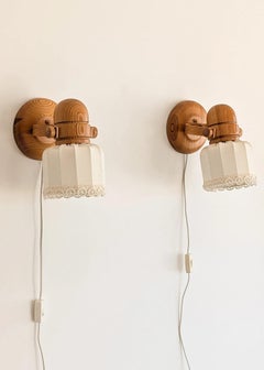 Pair of Swedish Pine Wall Lamps by Markslöjd, 1970s, with Textile Shades