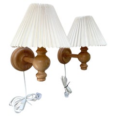 Pair of Swedish Pine Wall Lamps with Pleated Shades, 1970s