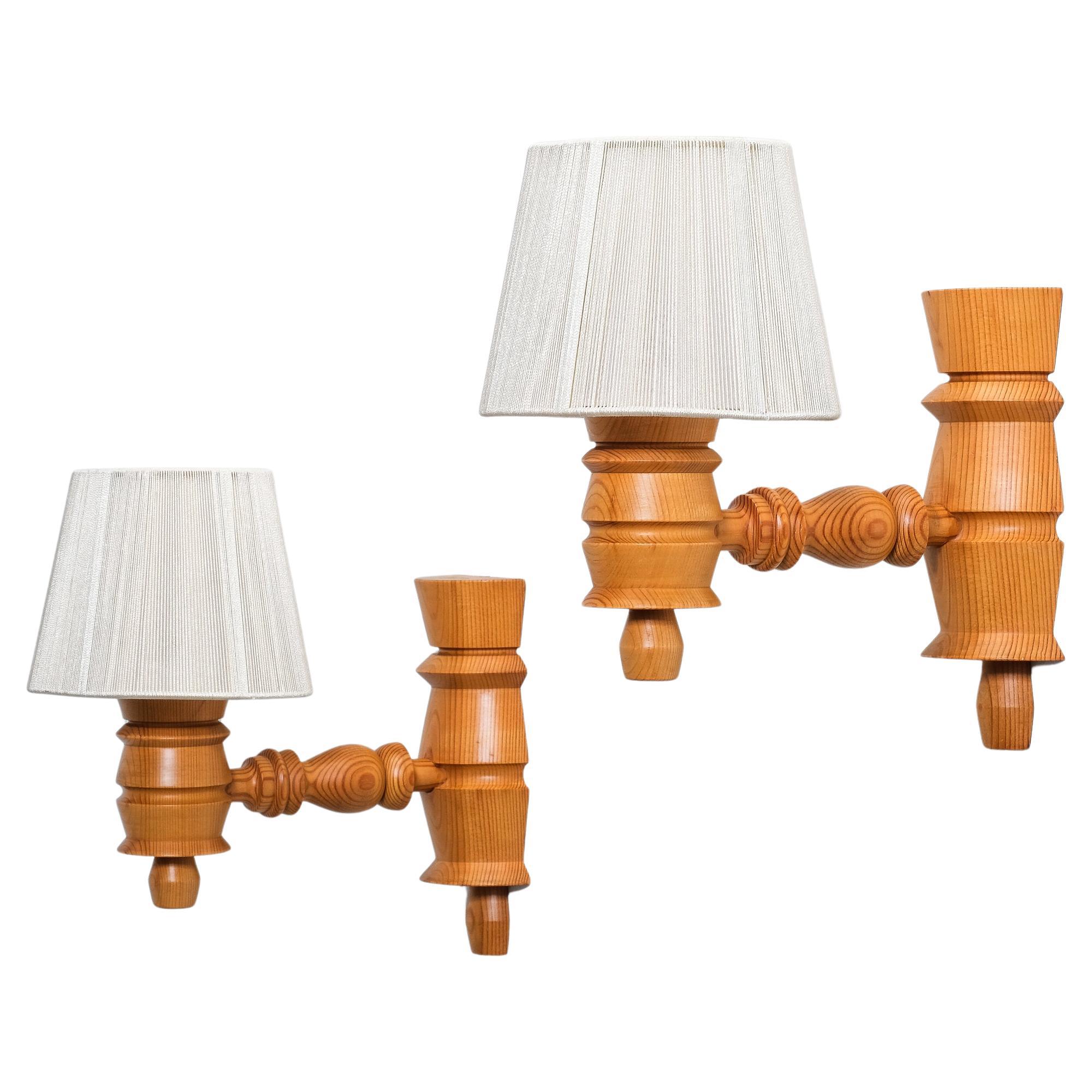 Pair of Swedish Pine Wood Wall Lamps, 1970s