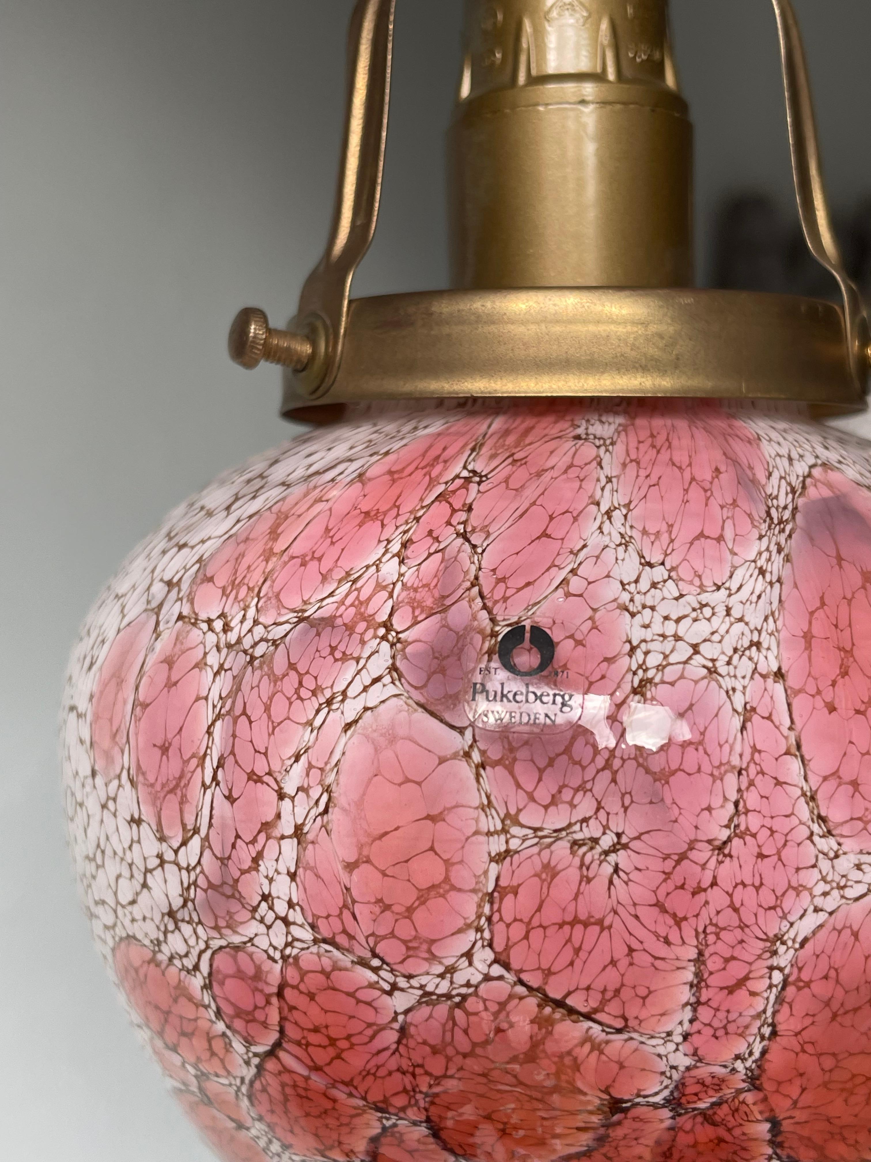 Pair of Pukeberg 1960s Pink, Rose, White Art Glass, Brass Pendants, Sweden For Sale 3