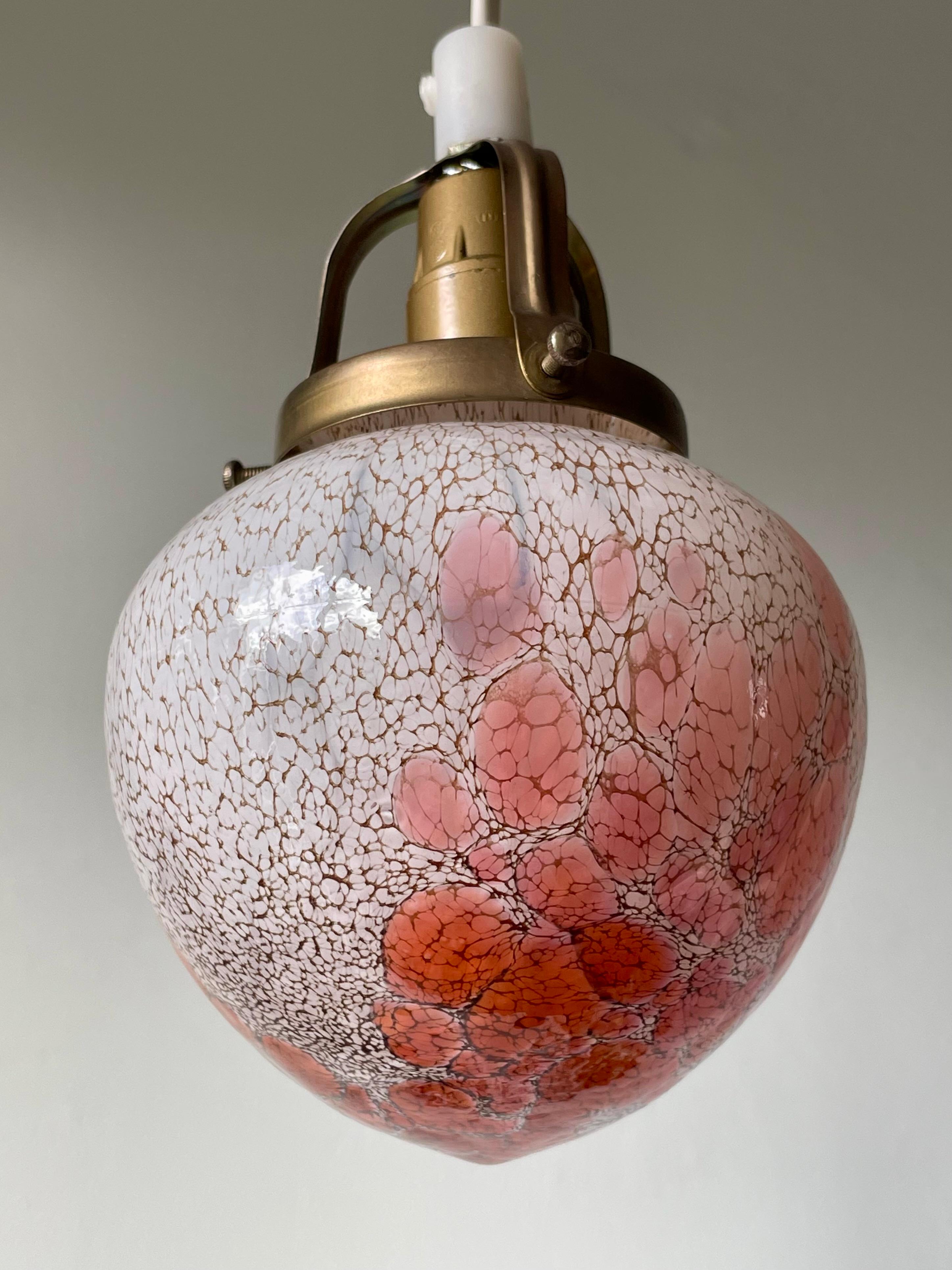 Pair of Pukeberg 1960s Pink, Rose, White Art Glass, Brass Pendants, Sweden For Sale 8