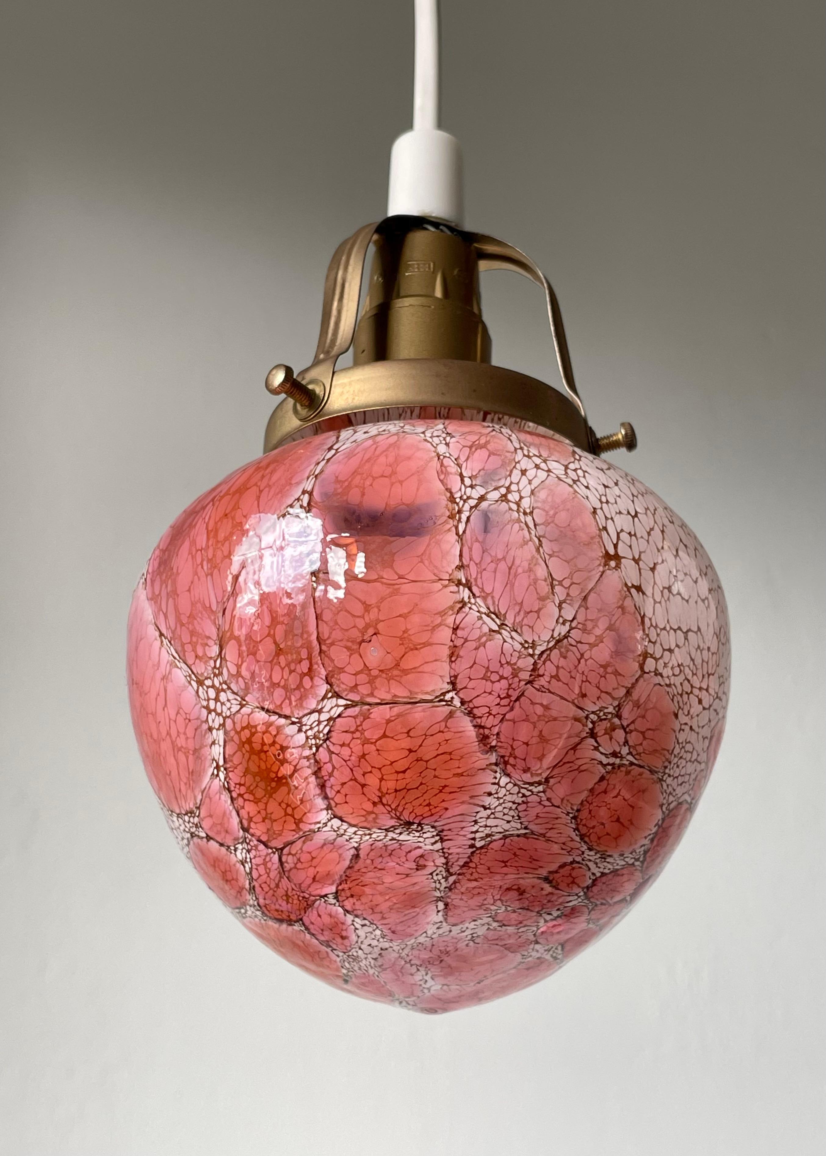 Pair of Pukeberg 1960s Pink, Rose, White Art Glass, Brass Pendants, Sweden For Sale 9