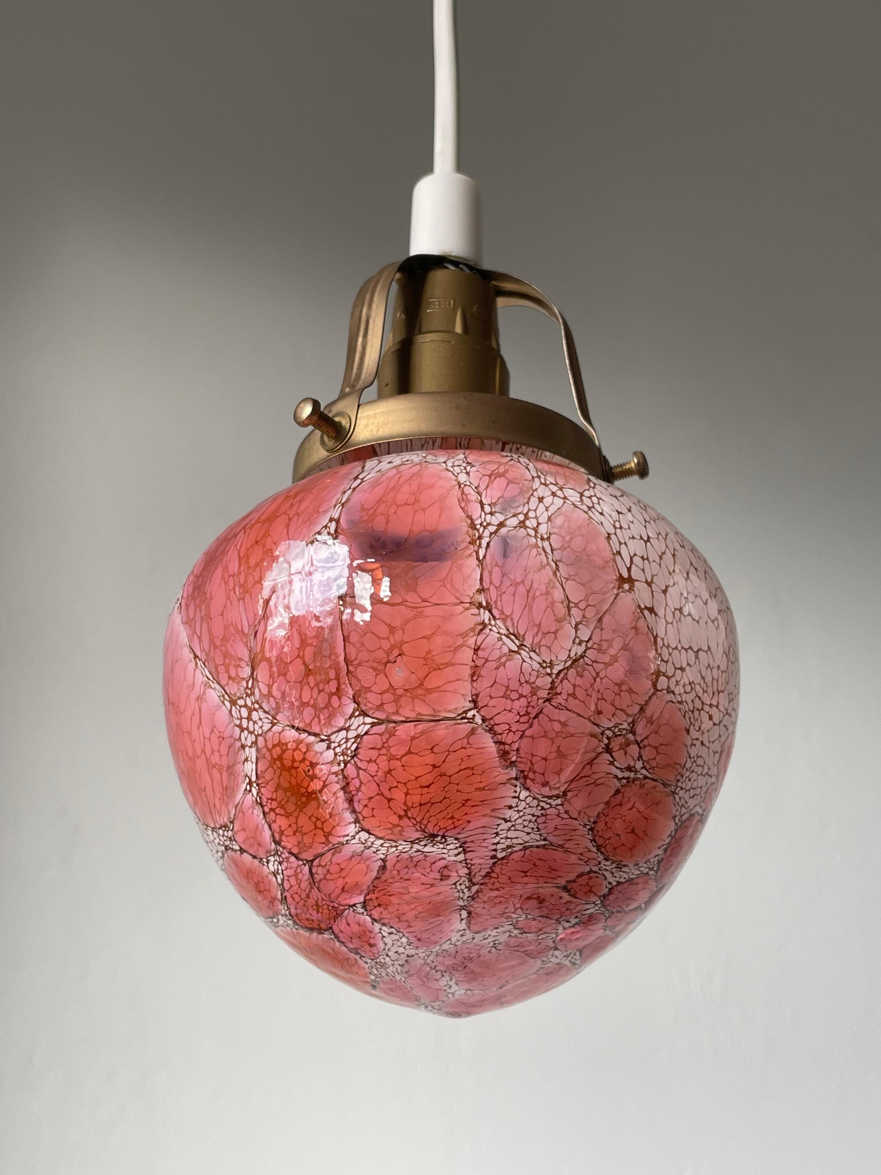 Pair of Pukeberg 1960s Pink, Rose, White Art Glass, Brass Pendants, Sweden For Sale 1