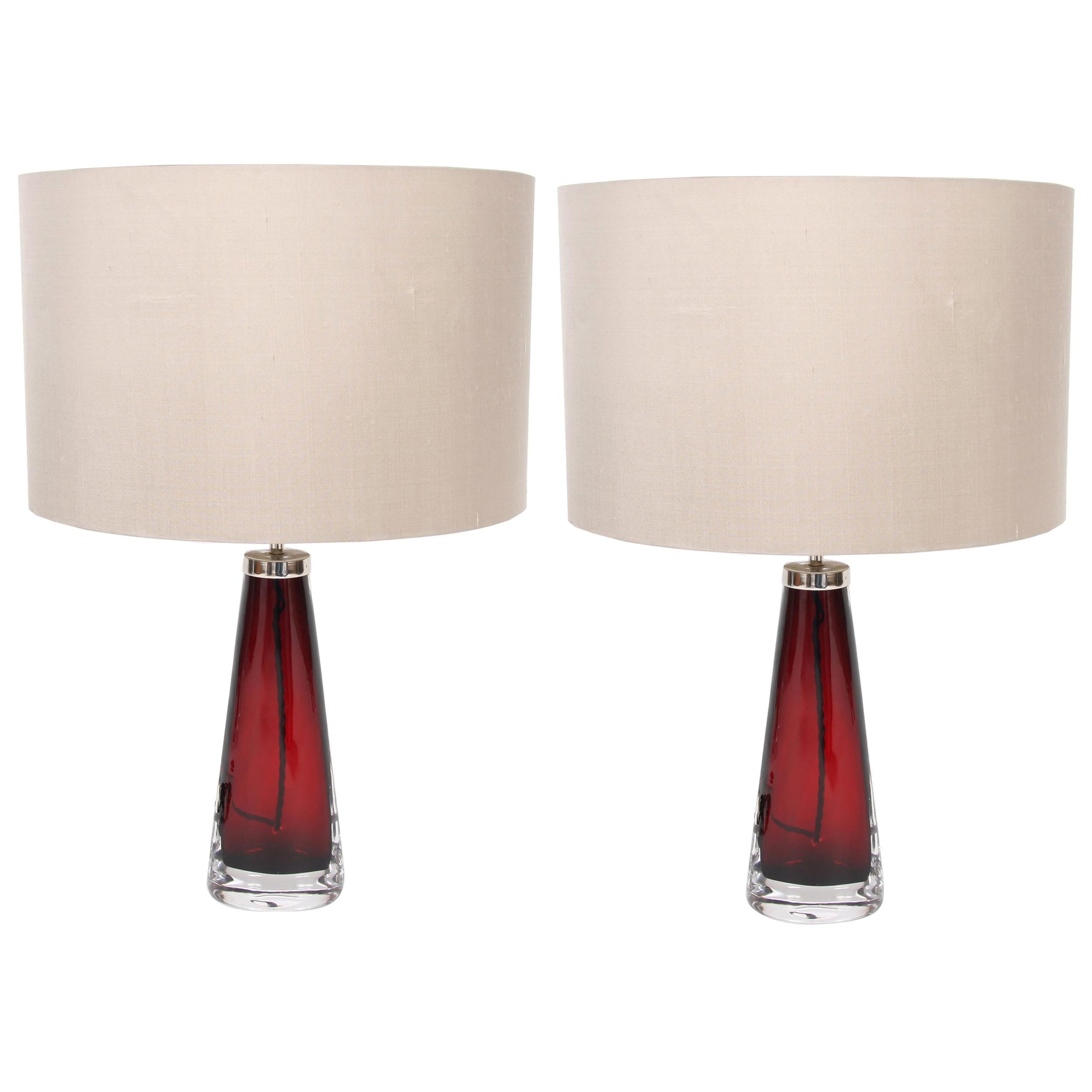Pair of Swedish Red Orrefors Lamps For Sale