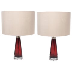 Pair of Swedish Red Orrefors Lamps