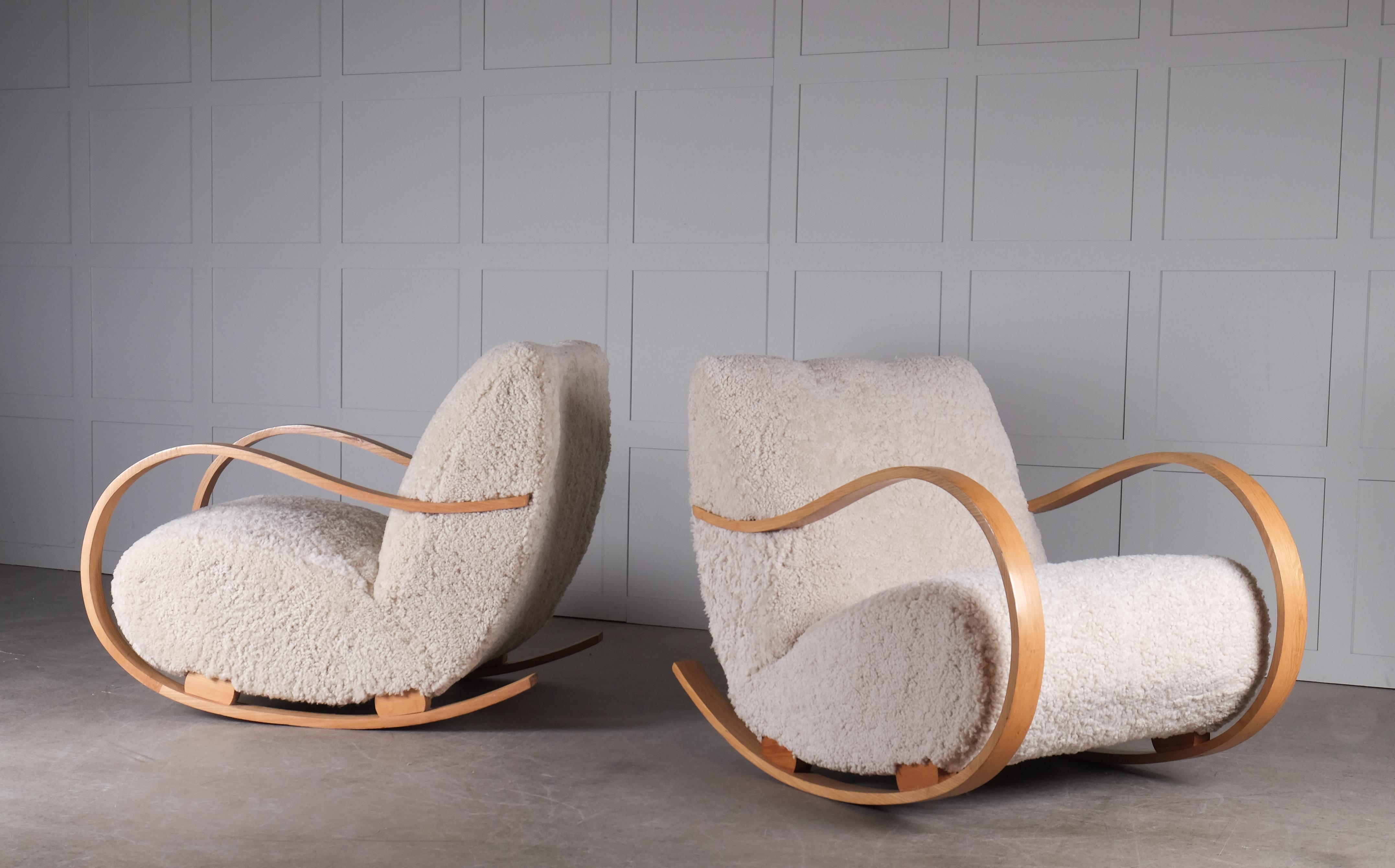 Scandinavian Modern Pair of Swedish Rocking Chairs in Sheepskin, 1950s For Sale