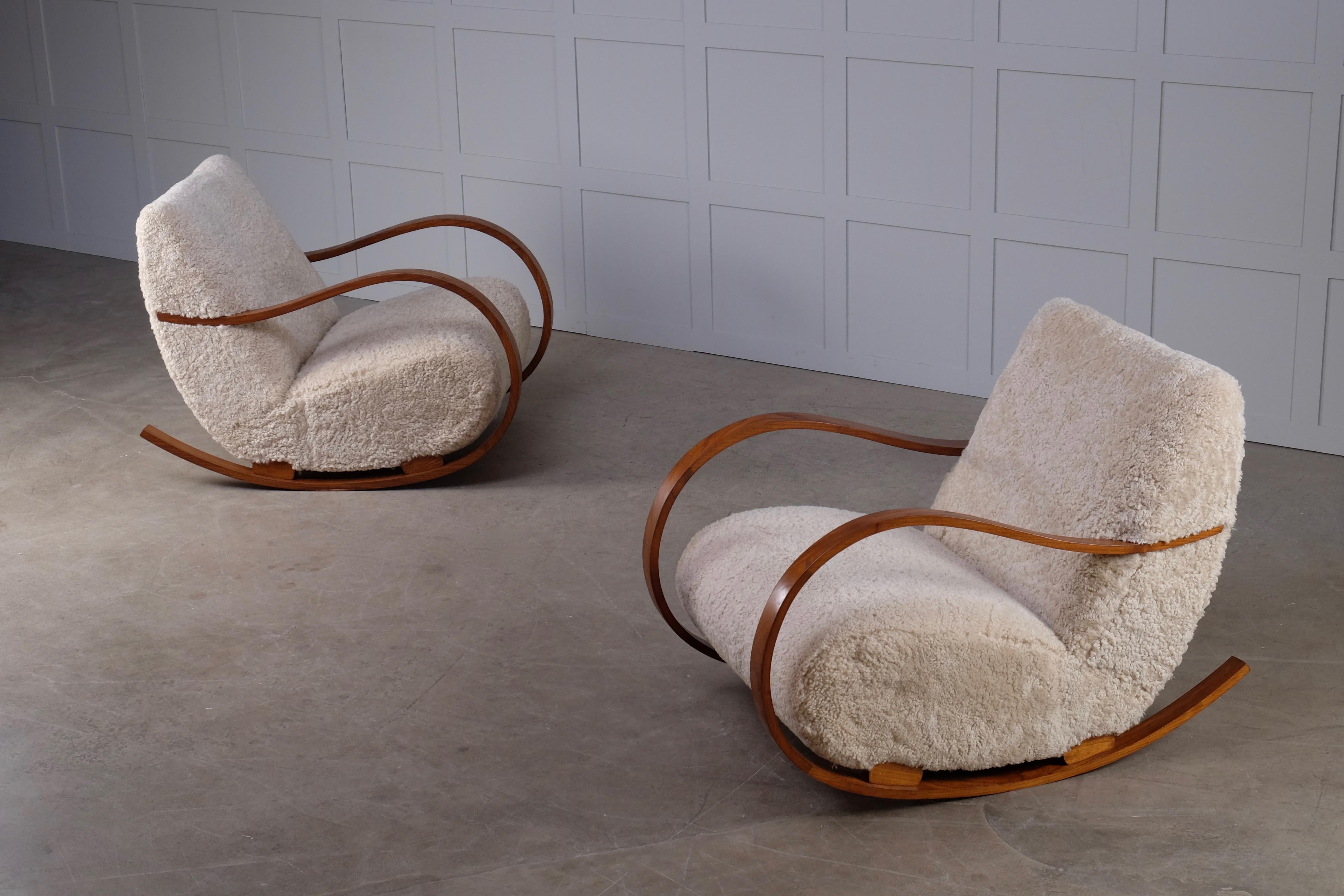 Pair of Swedish Rocking Chairs in Sheepskin, 1950s In Good Condition In Stockholm, SE