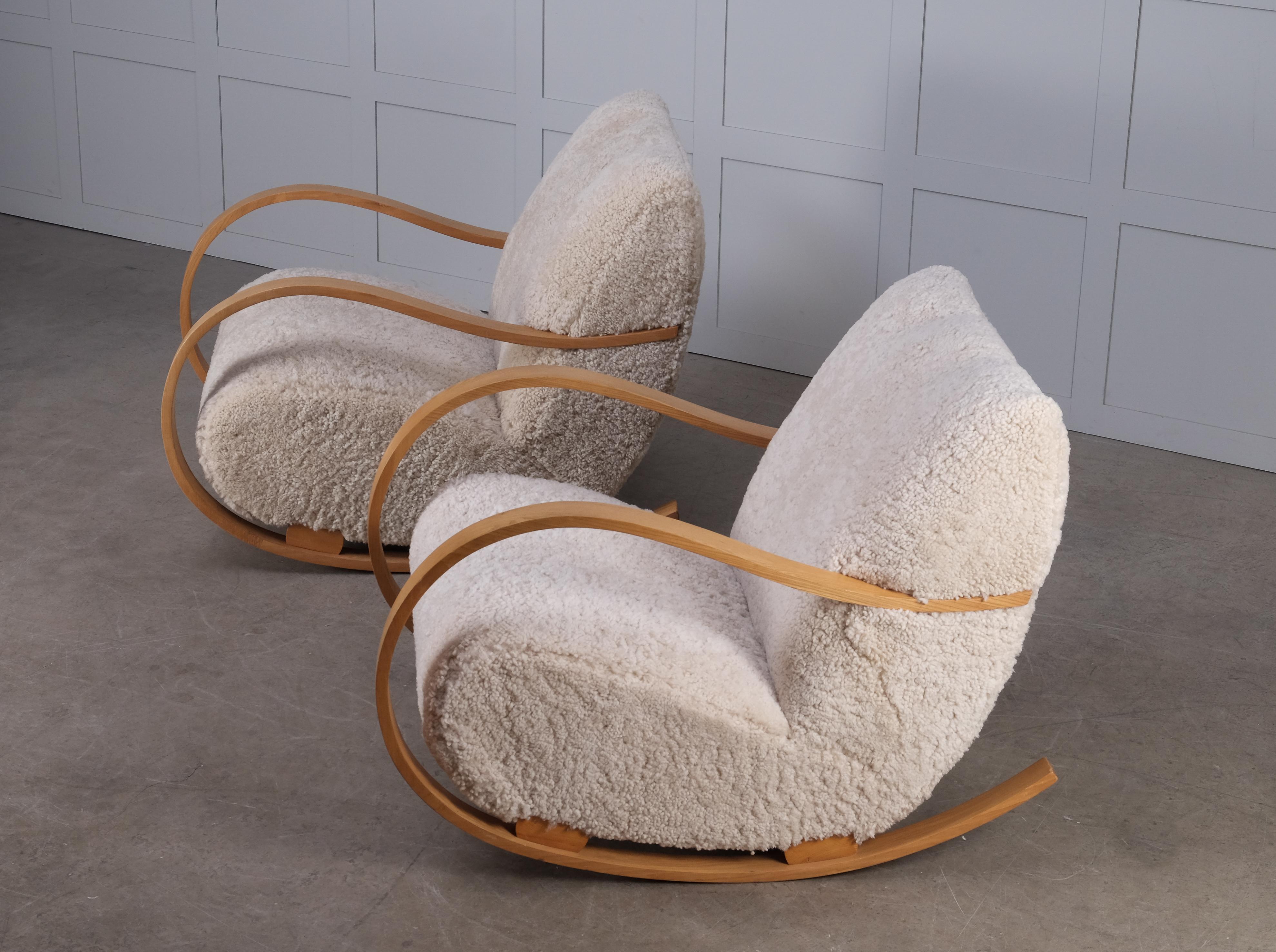 Pair of Swedish Rocking Chairs in Sheepskin, 1950s For Sale 2