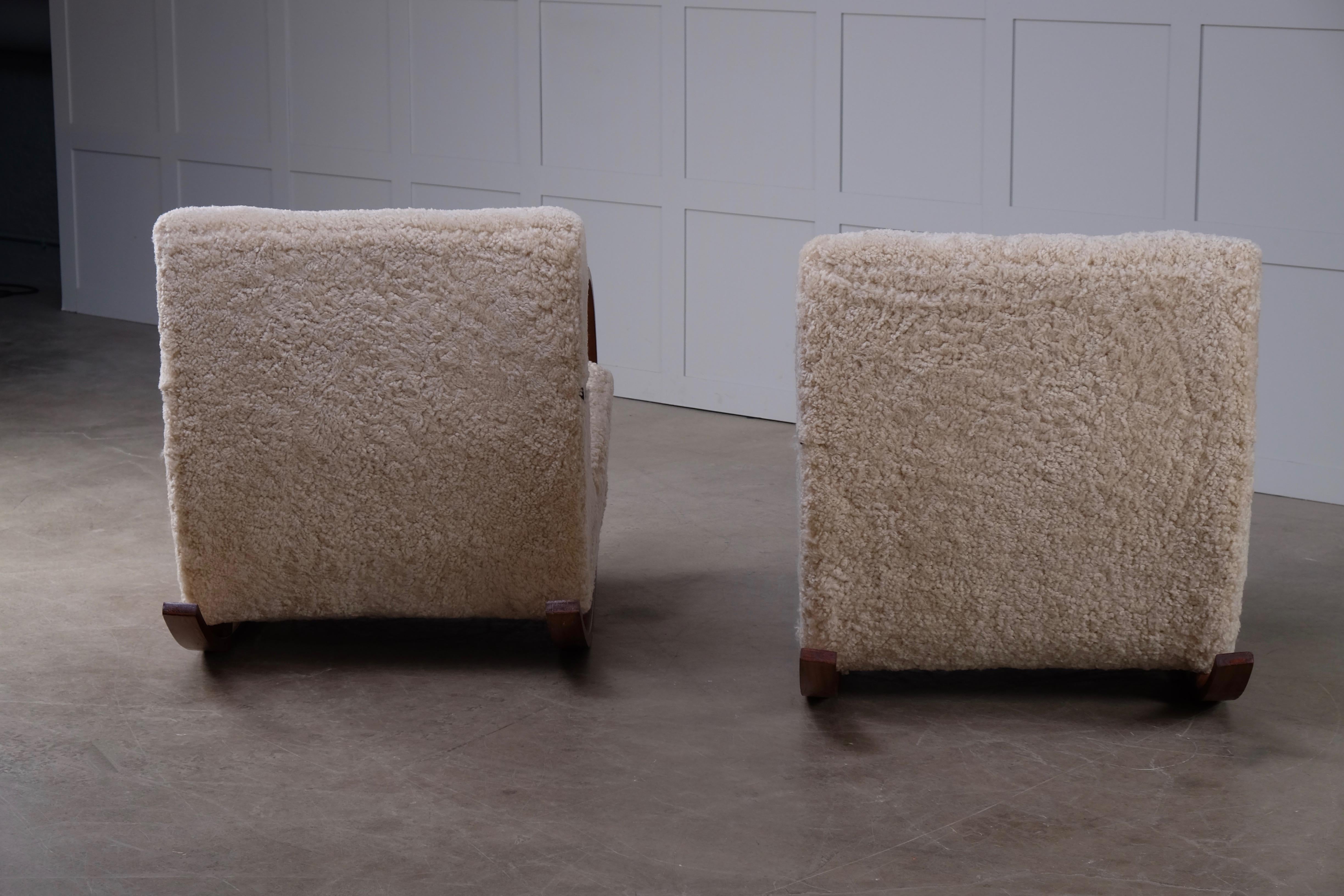 Pair of Swedish Rocking Chairs in Sheepskin, 1950s 2