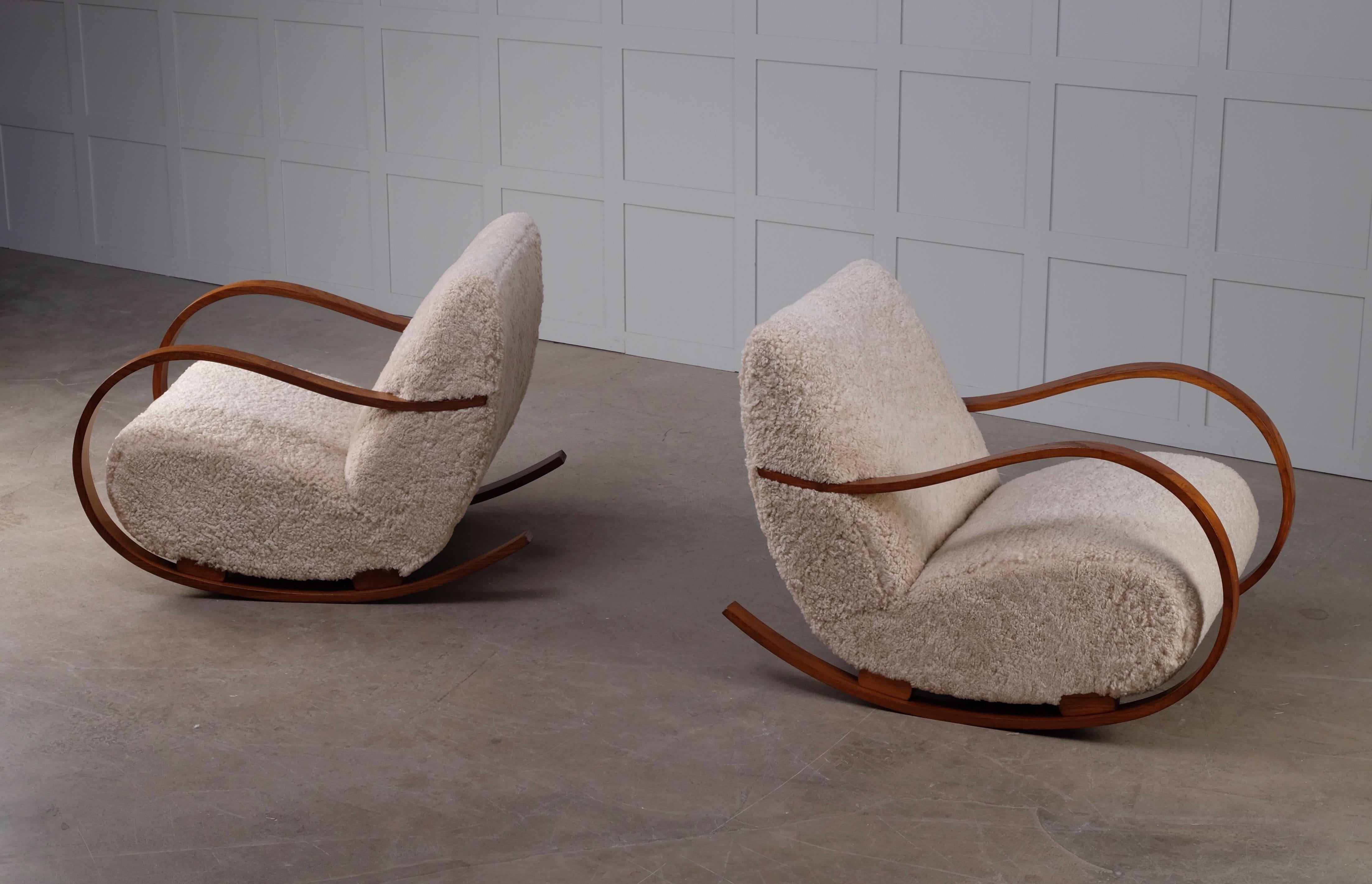 Pair of Swedish Rocking Chairs in Sheepskin, 1950s 3