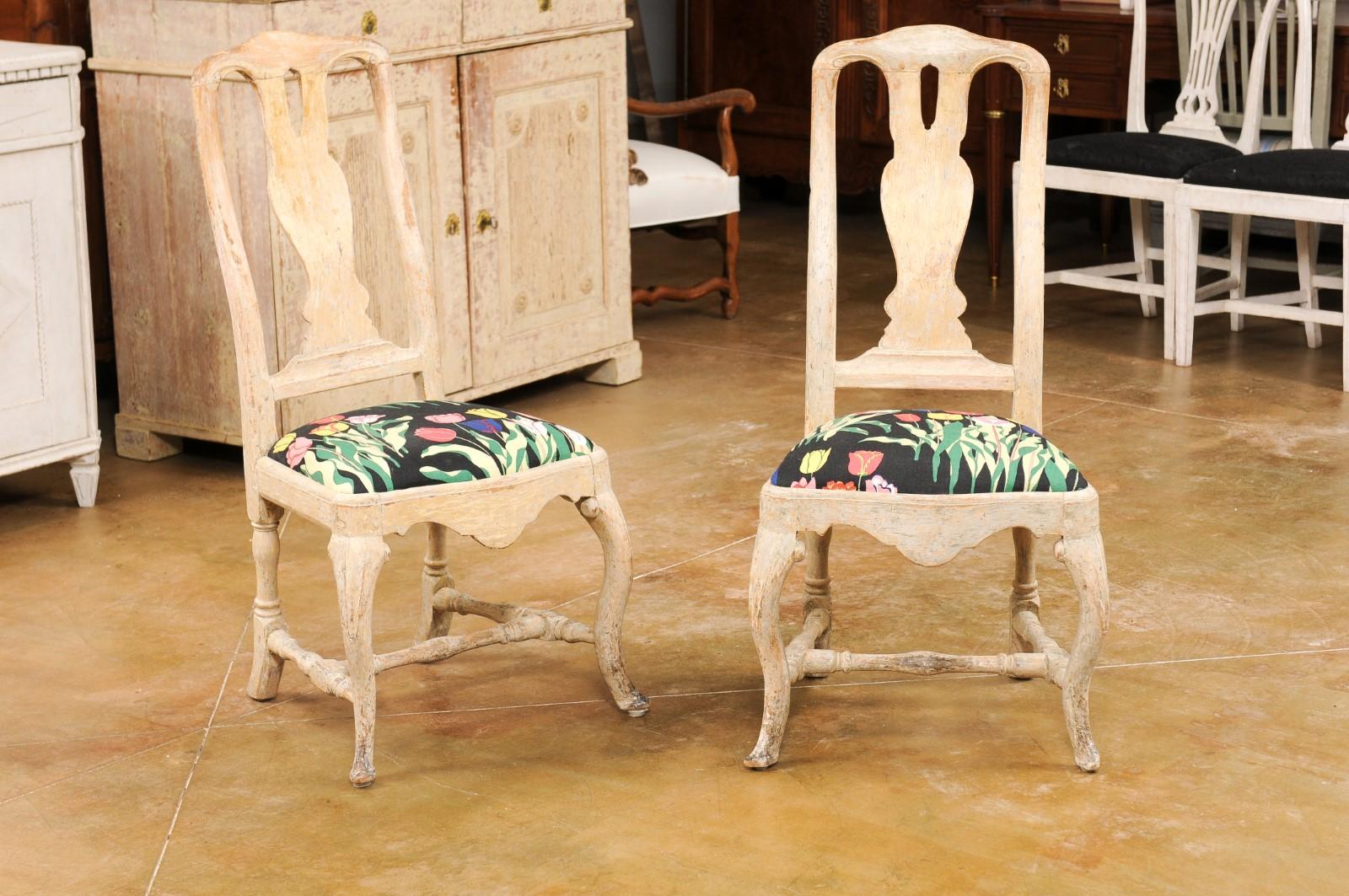 Turned Pair of Swedish Rococo Period 18th Century Side Chairs with Carved Splats For Sale