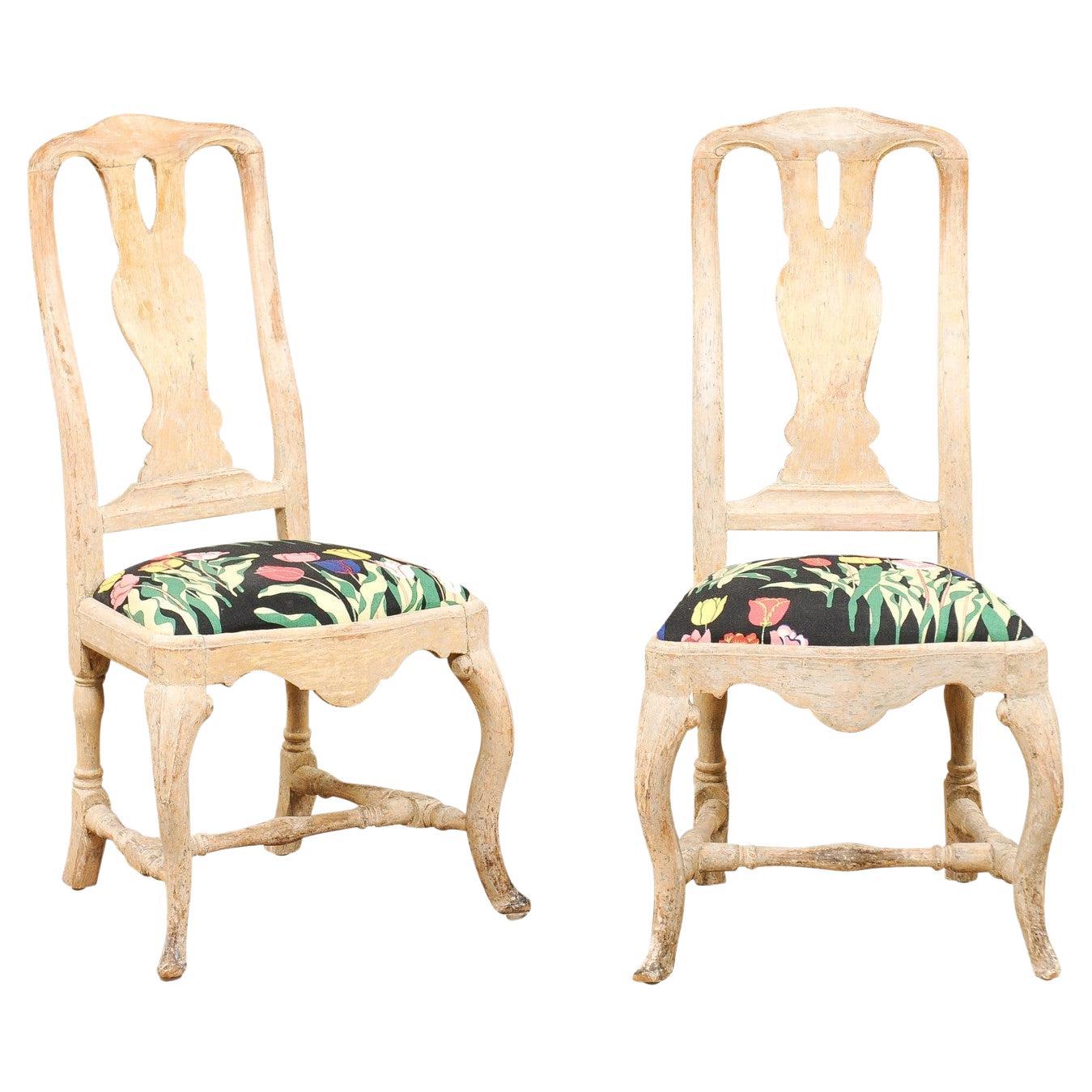 Pair of Swedish Rococo Period 18th Century Side Chairs with Carved Splats For Sale