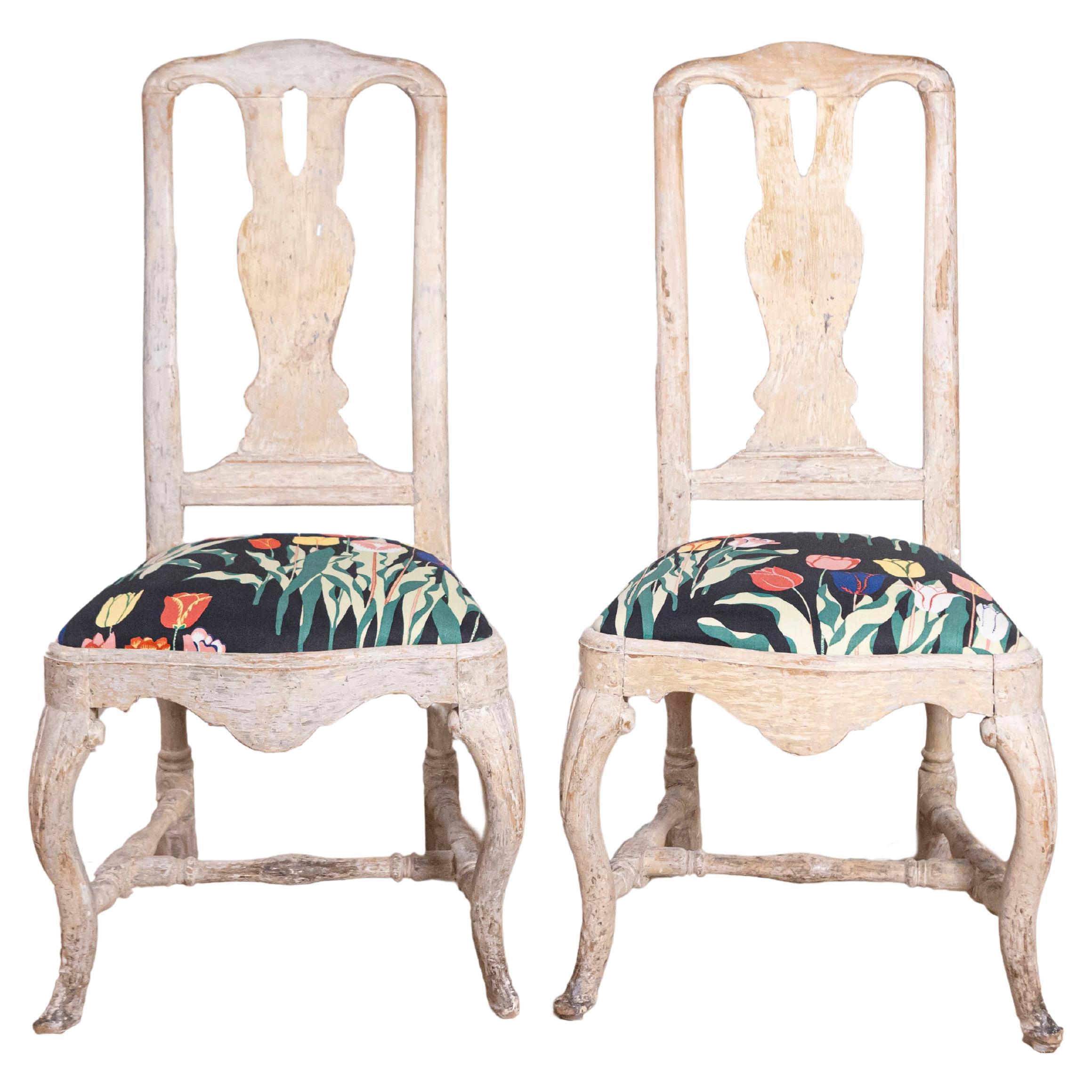 Pair of Swedish Rococo Period 18th Century Side Chairs with Carved Splats