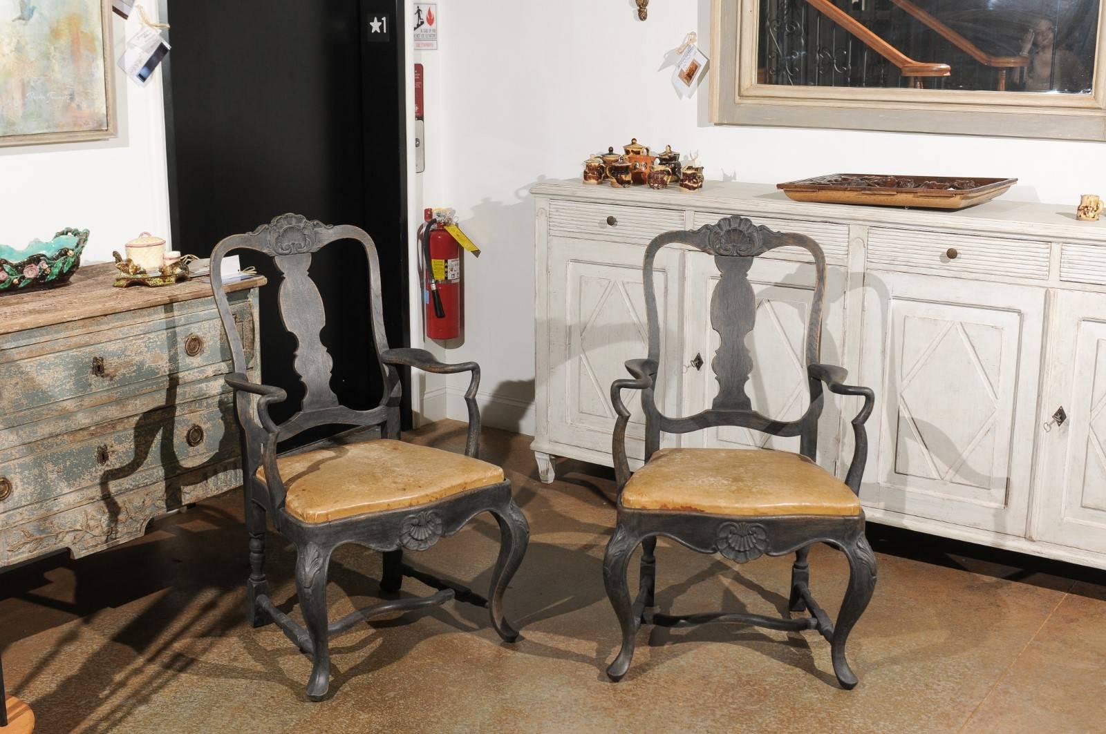 Carved Pair of Swedish Rococo Style 1890s Painted Armchairs with Brown Leather Seats