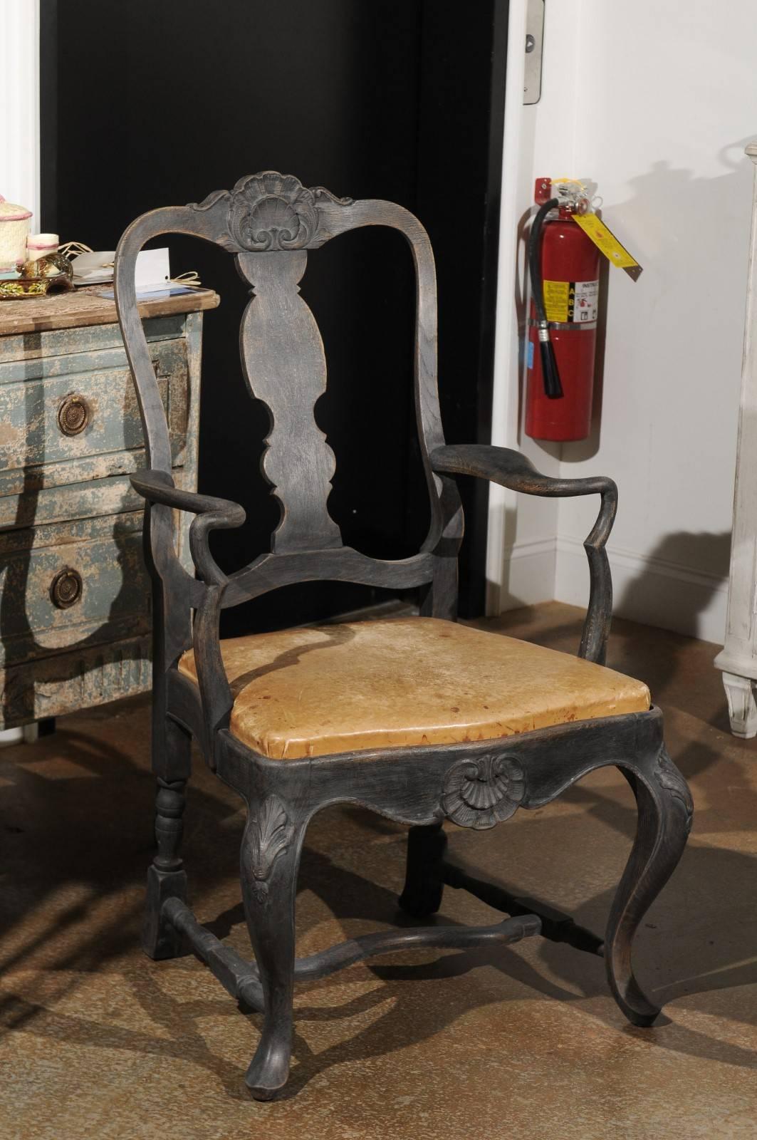 Pair of Swedish Rococo Style 1890s Painted Armchairs with Brown Leather Seats In Good Condition In Atlanta, GA