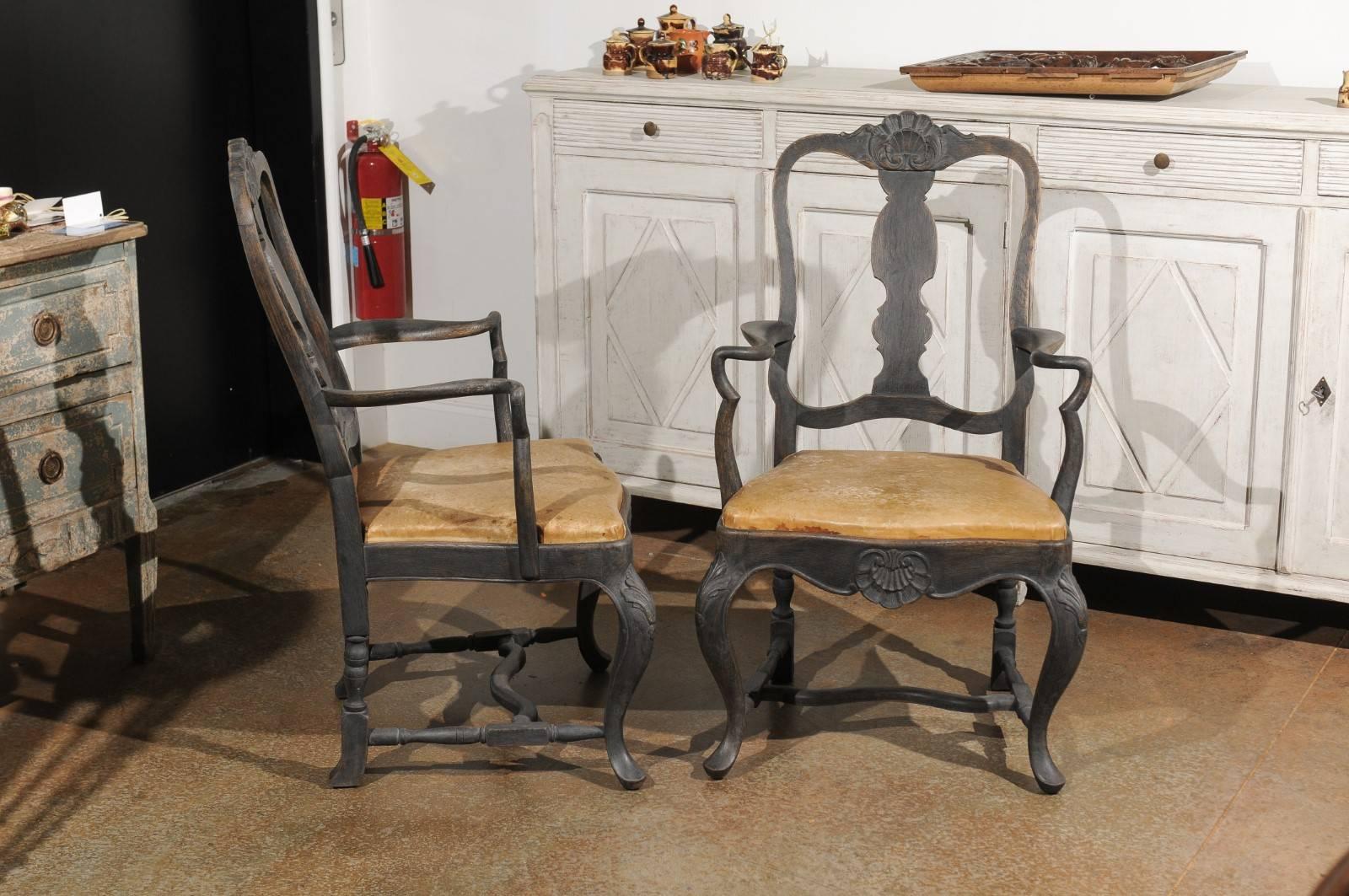 19th Century Pair of Swedish Rococo Style 1890s Painted Armchairs with Brown Leather Seats